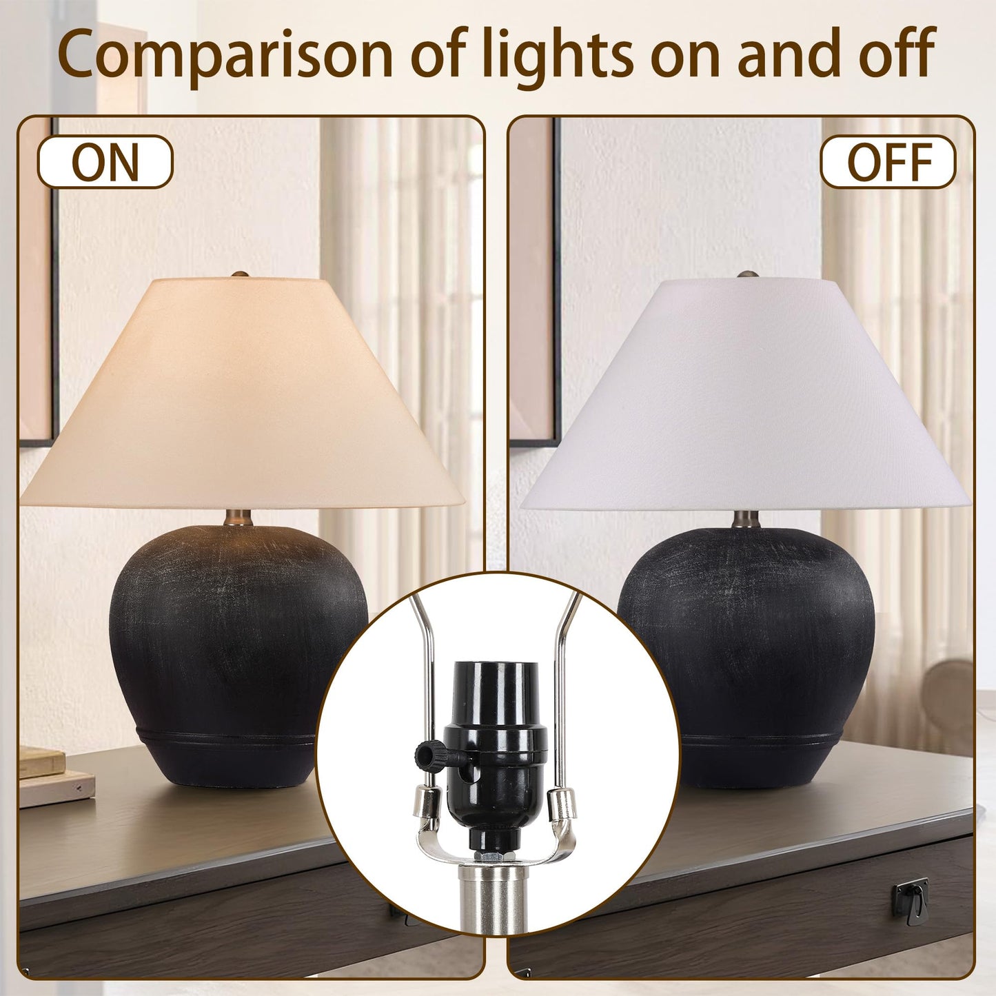 Farmhouse Ceramic Table Lamp, 21" Rustic Table Lamp with Linen Shade, 3-Way Dimmable Bedside Nightstand Lamps for Bedroom, Living Room, E26 Socket, Dark Grey