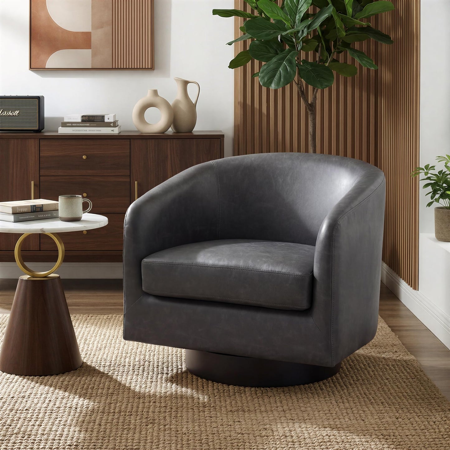 Swivel Barrel Chairs Set of 2, 31" W Modern Faux Leather Round Swivel Accent Chair for Living Room, 360° Rotation Upholstered Armchair Club Chair for Bedroom, Reading Room, Office (Brown)