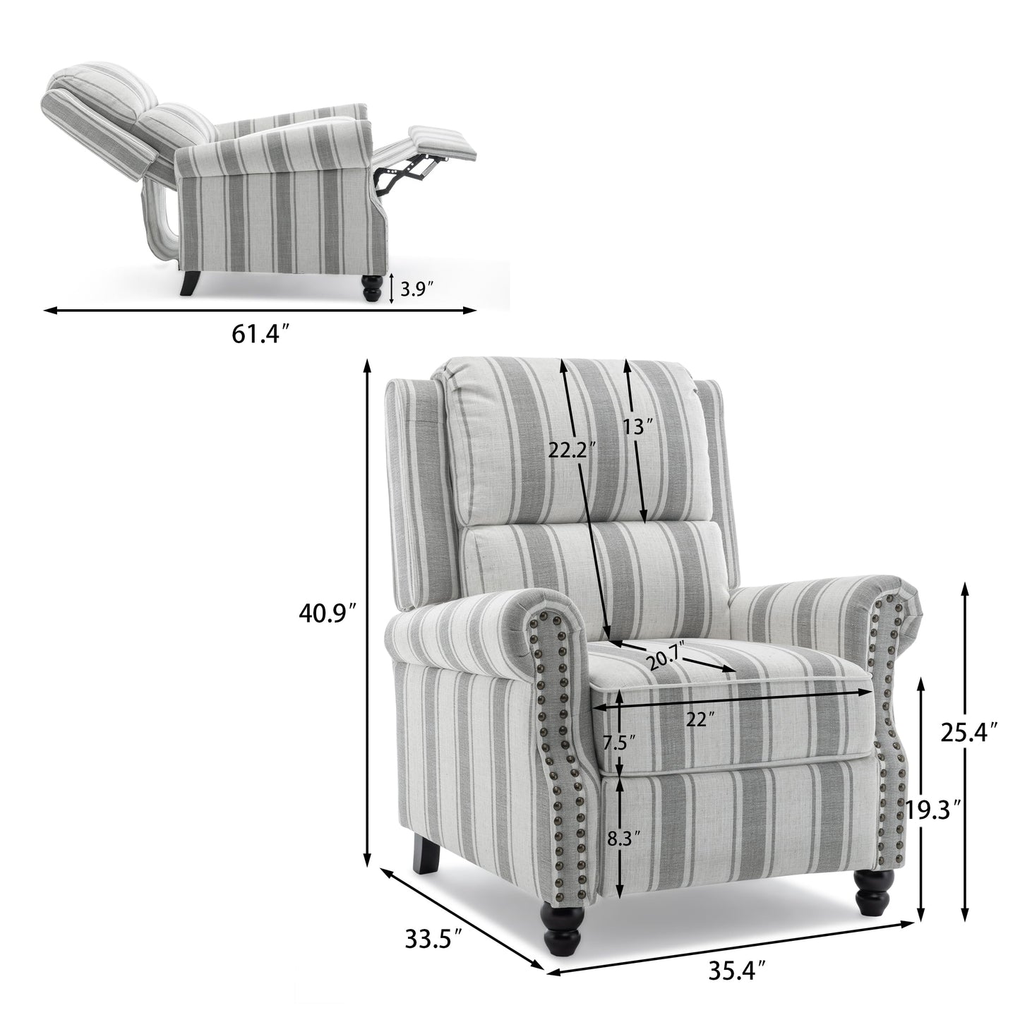 Pushback Recliner Chairs Set of 2, Comfy Fabric Wingback Recliner Chair, Upholstered Armchair Push Back Recliner with Wood Legs, Rivet Trim Accent Chair for Living Room, Bedroom, Blue Stripe