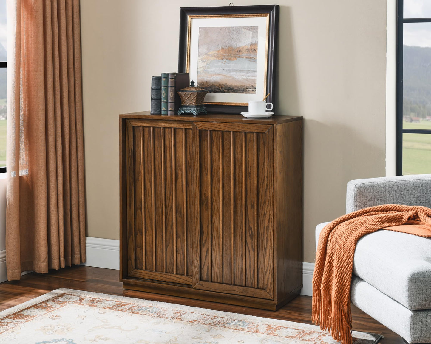 LKTART Mid Century Modern Sideboard Buffet Cabinet, Narrow Walnut Sideboard,Wood Storage Cabinet Credenza with 2 Doors for Living Room, Kitchen, Entryway, Hallway(9.25" D*39" L)