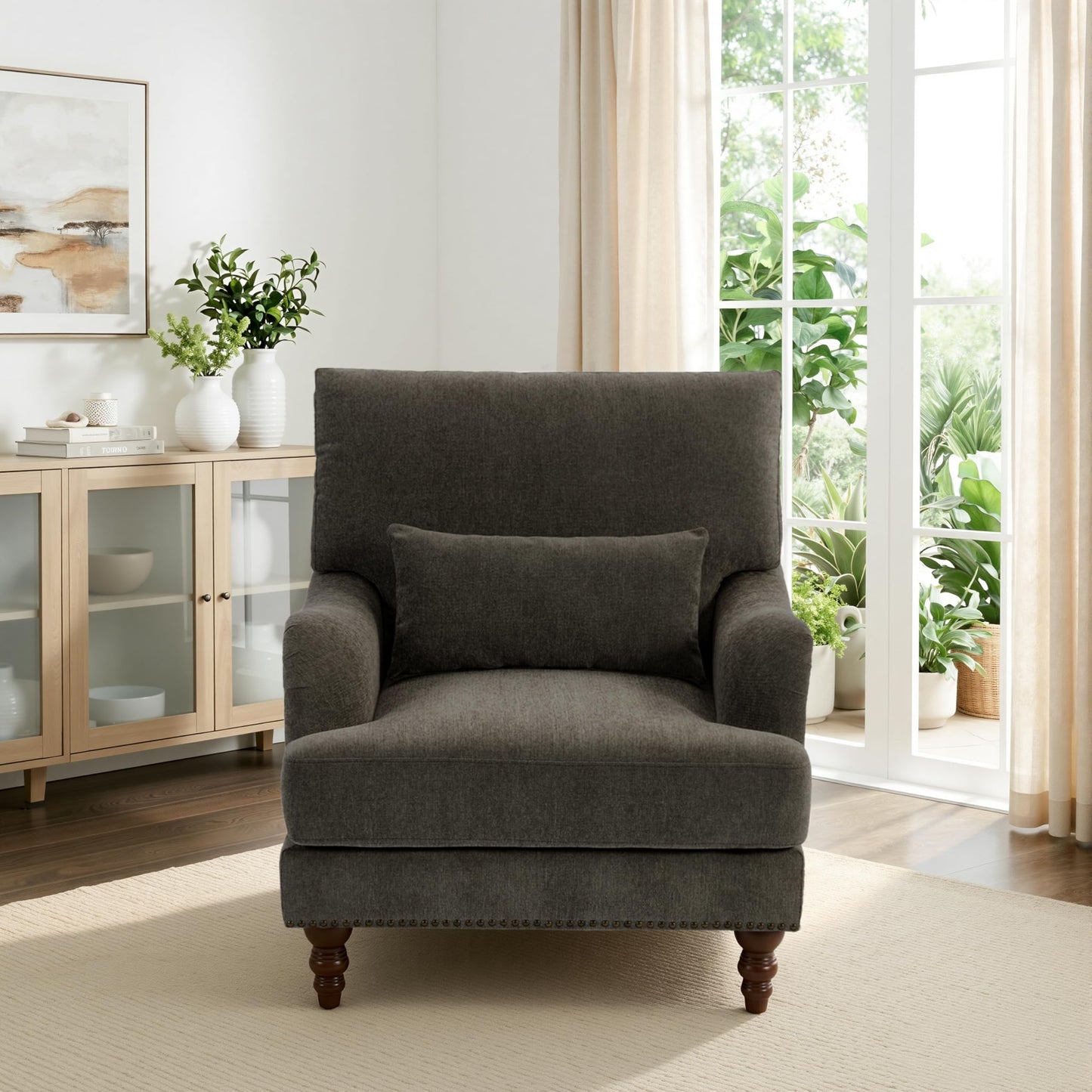 Accent Chair for Living Room, Upholstered Armchair with Nailhead Trim & Solid Wood Legs, Mid Century Modern Club Chair for Bedroom/Reading Room, Rococo Green