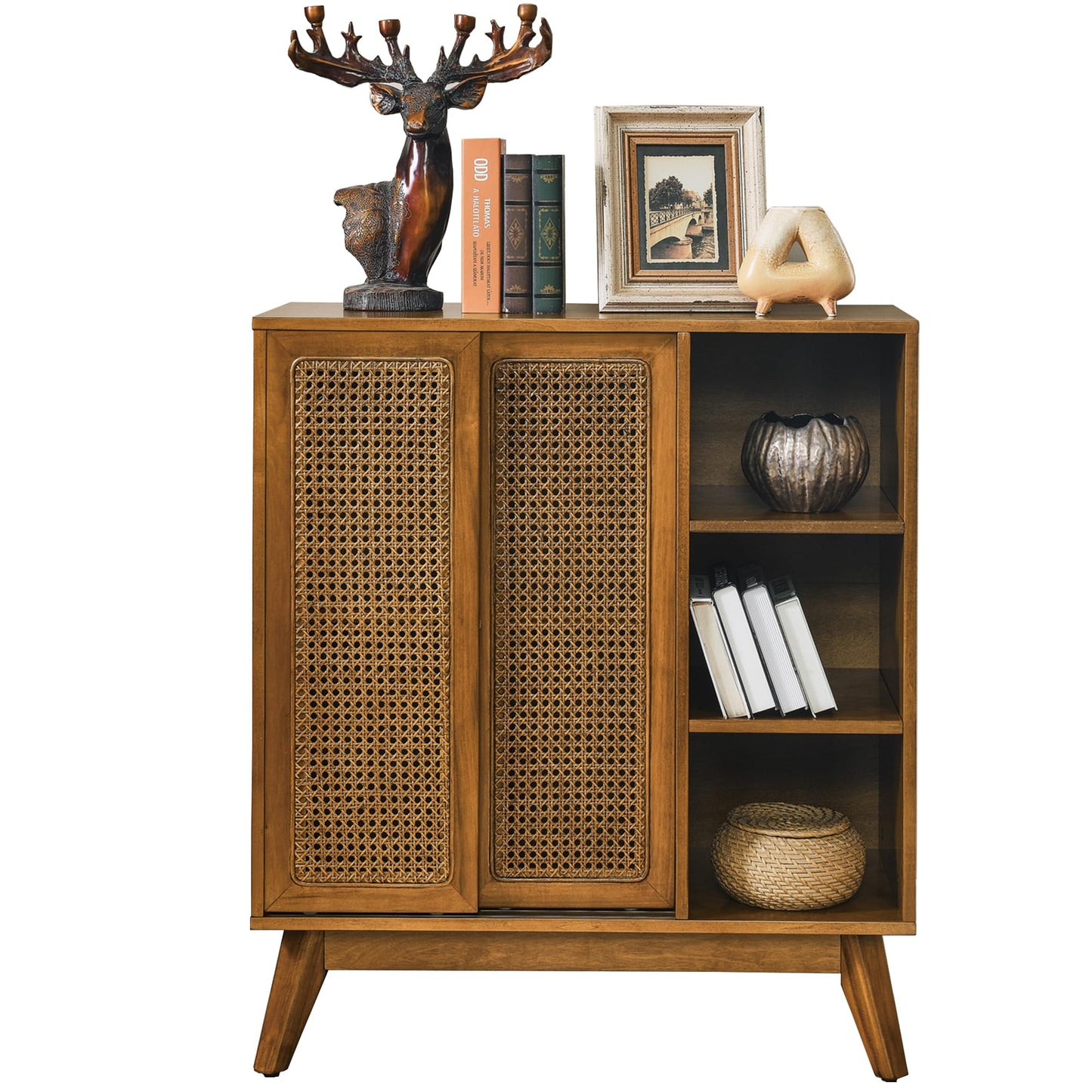 LKTART Mid Century Modern Storage Cabinet with Rattan Sliding Doors and Open Shelves, Boho Style Wooden Sideboard Buffet for Living Room,Dark Walnut