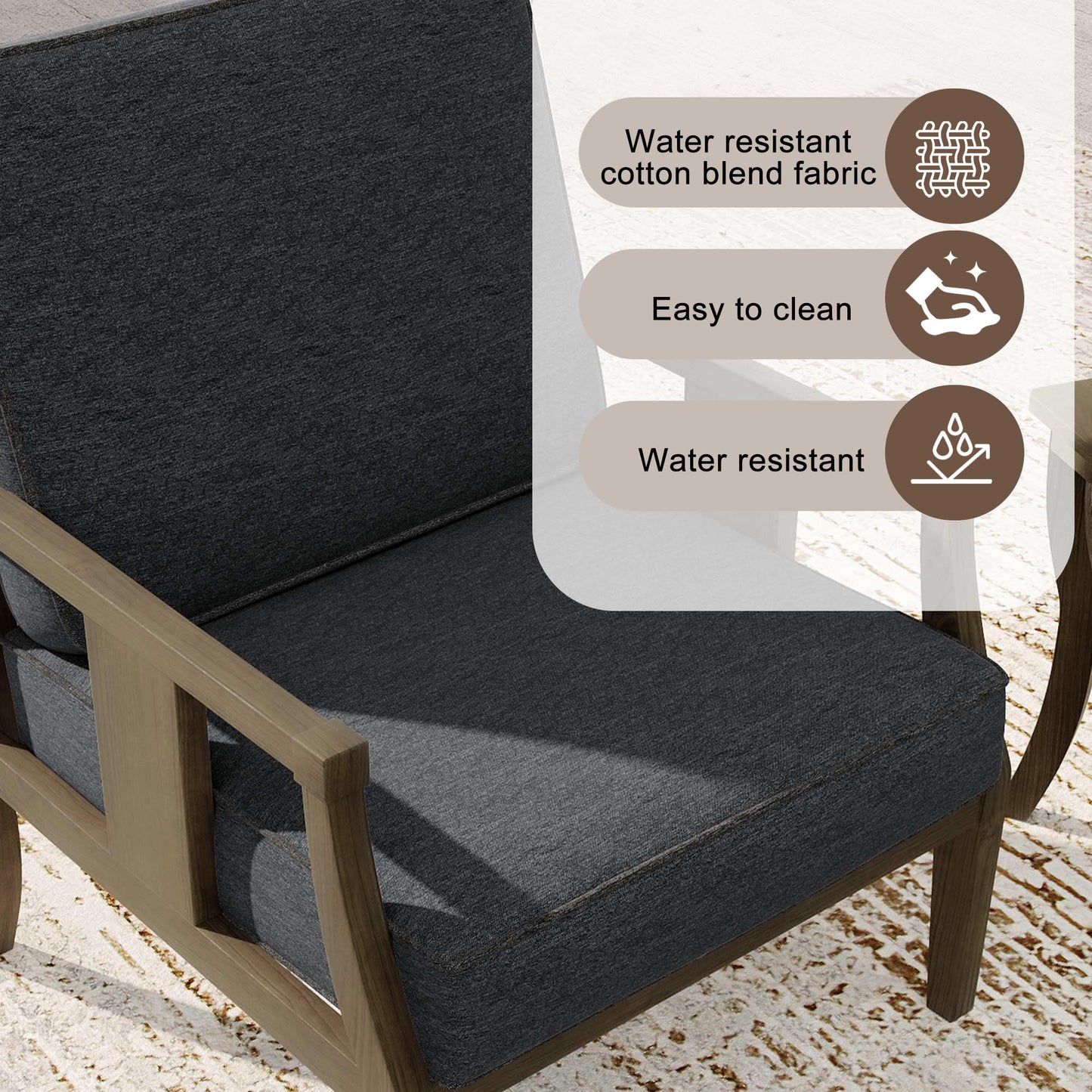 Outdoor Patio Armchairs Set of 2, All-Weather Solid Wood Patio Furniture Sets, Outdoor Sofa Chairs with Washable Thick Cushions for Porch, Balcony, Deck, Black Frame & Gray Cushion