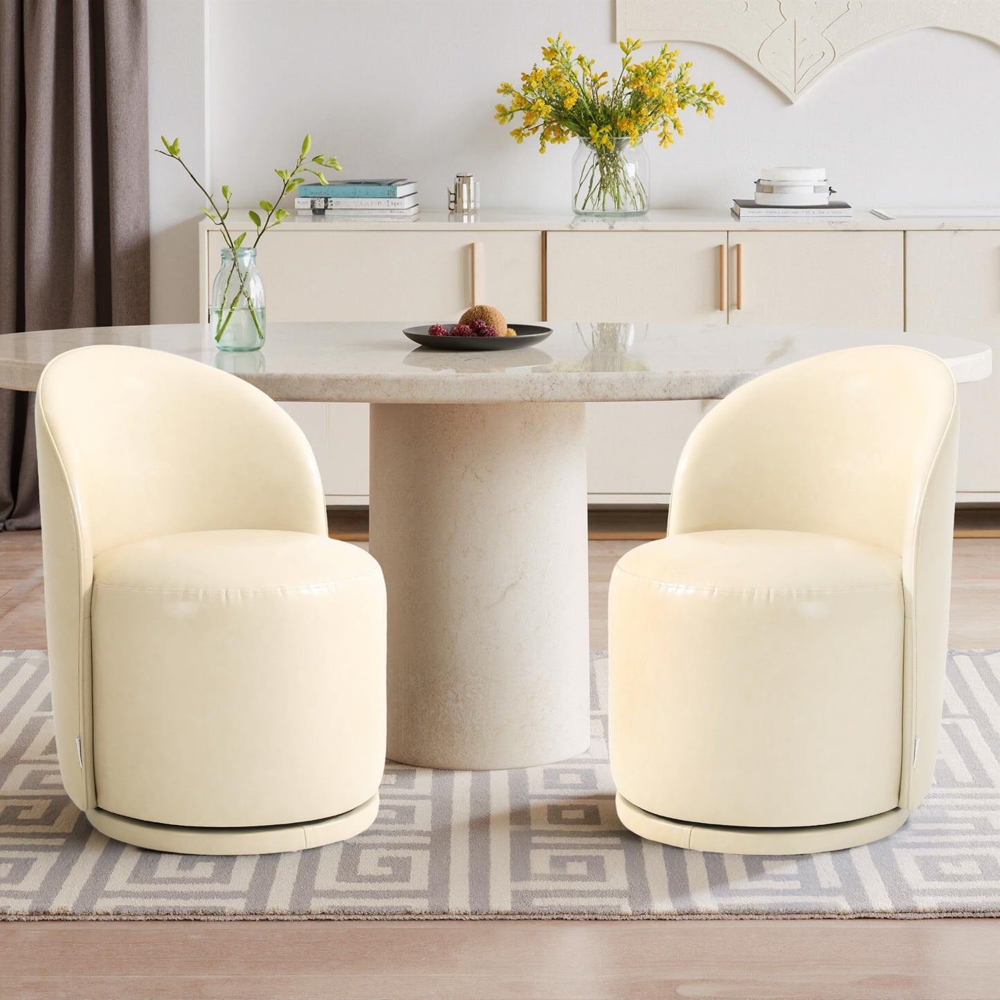 Swivel Barrel Dining Chairs Set of 2, Faux Leather Upholstered Round Dining Chairs, 360° Swivel Vanity Chair Comfy Armless Accent Makeup Chair for Dining/Living Room Makeup Room, Brown