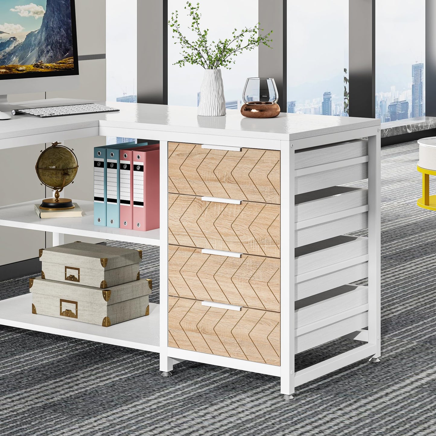 Tribesigns L Shaped Computer Desk with Storage Drawers, 59 inch Corner Desk with Shelves, Reversible L-Shaped Office Desk Study Writing Table Workstation for Home Office, Walnut & White