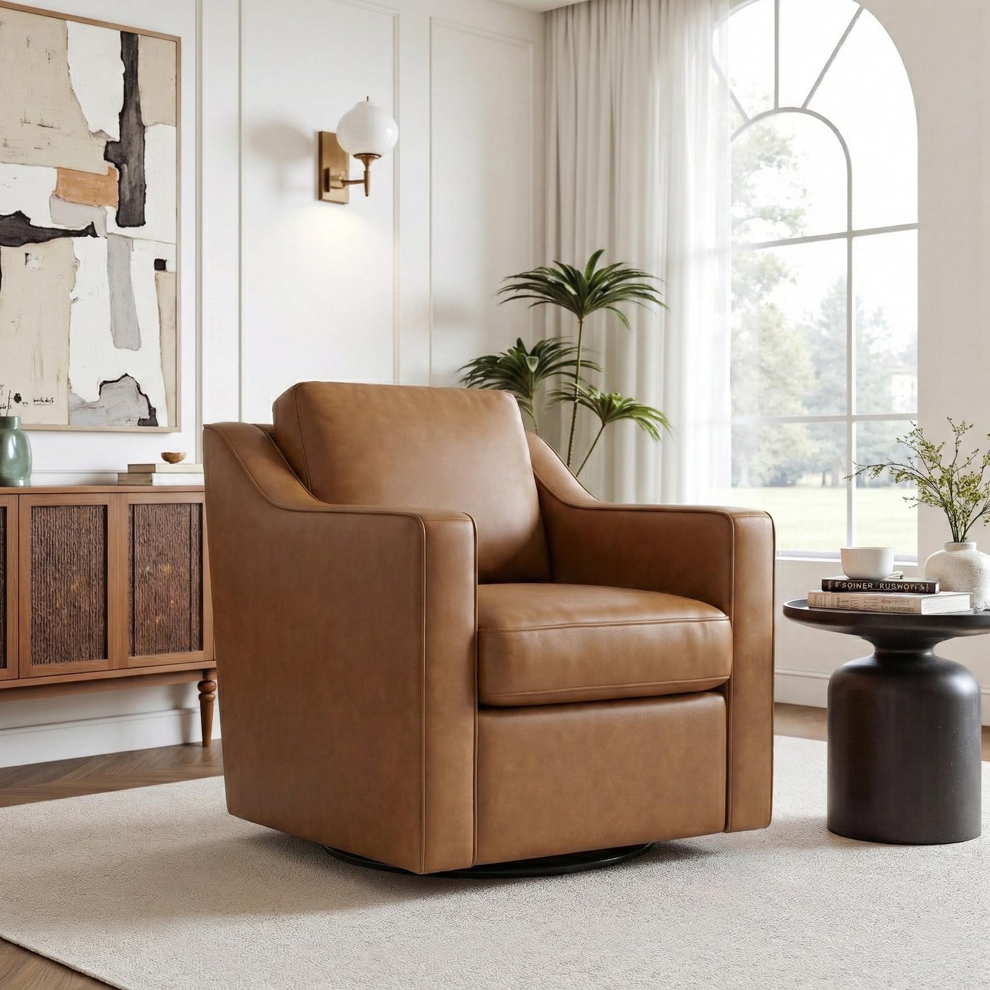 Swivel Accent Chairs Set of 2, 360° Swivel Upholstered Faux Leather Club Armchairs for Living Room, Comfy Single Sofa Reading Chair with Deep Seat, Metal Swivel Base, Coffee