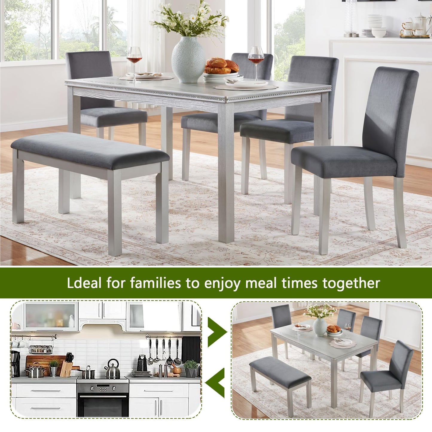 LKTART 6 Piece Kitchen Dining Set, 58.5" Rectangular Wooden Dinner Table with 4 Upholstered Chairs and a Bench for Living Room, Home Bar and Kitchen, Walnut