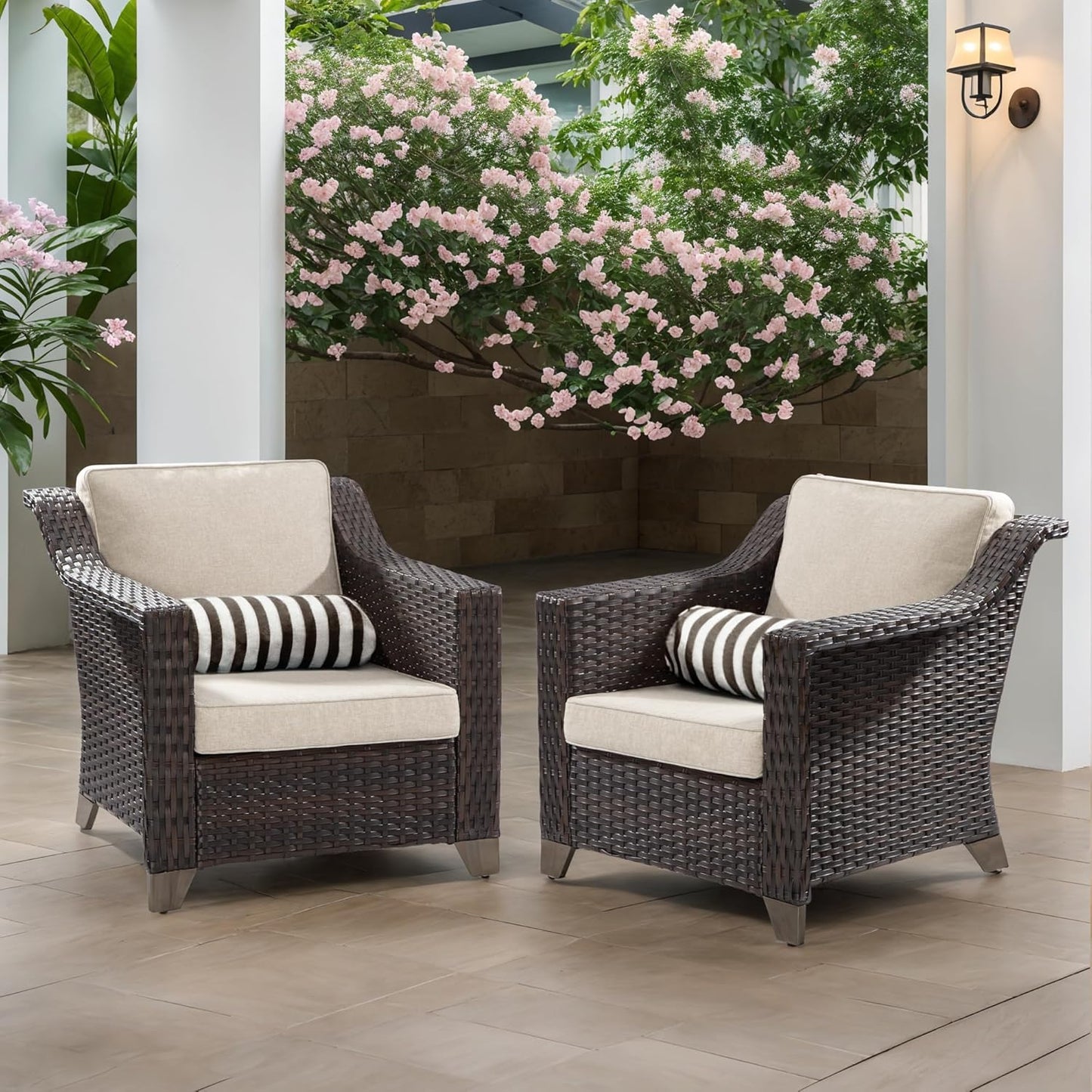 Joyside Outdoor Wicker Chair, Patio Dining Chairs Set 2 Pieces, High Back Single Chairs, Upgraded Large Size with 4inch Seat Cushions for Backyard, Garden, Poolside, (Brown/Beige)