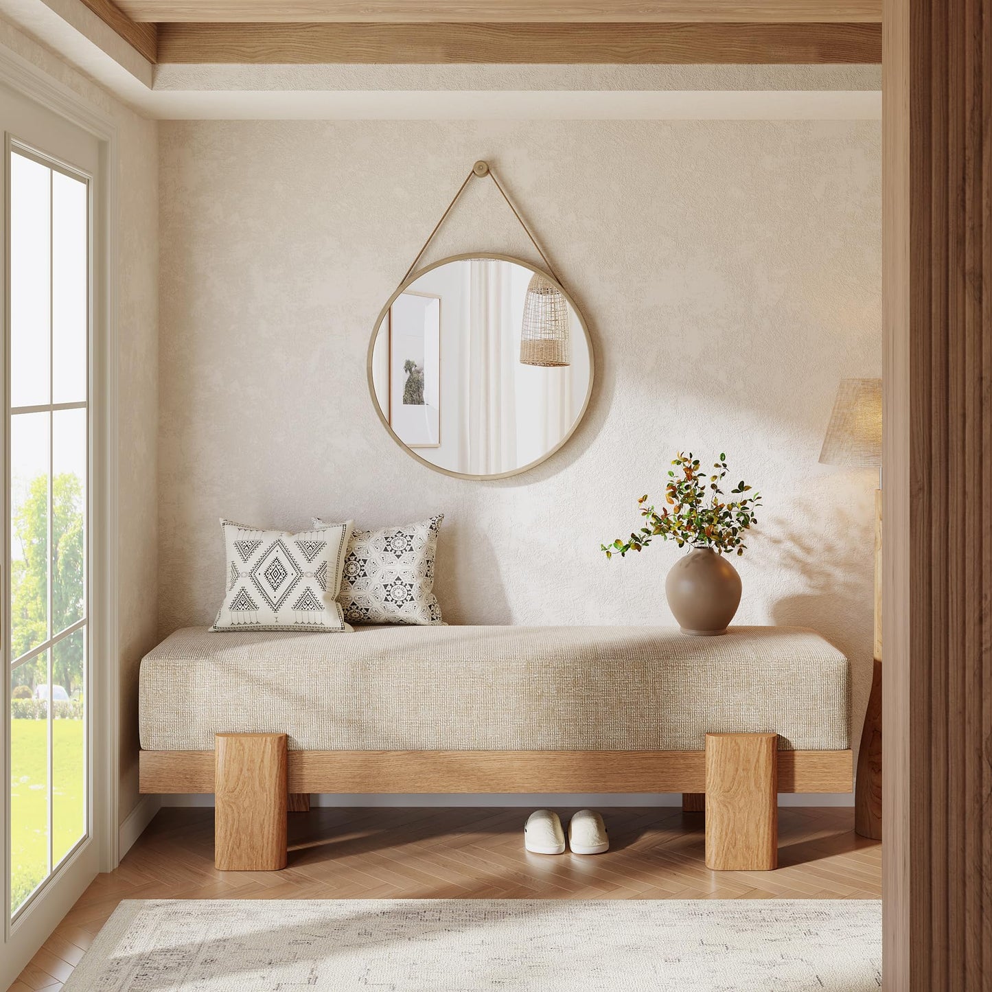 Tribesigns 55-Inch Upholstered Entryway Bench, Modern Shoe Bench with Ultra-Plush Thick Cushion and MDF Frame, End of Bed Stool Long Ottoman for Entrance, Living Room (Beige & Oak)