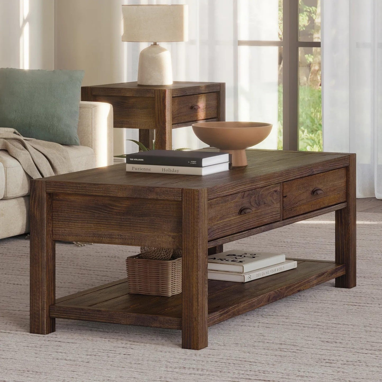 Grain Wood Furniture Montauk Coffee Table, Solid Wood with a Driftwood Finish
