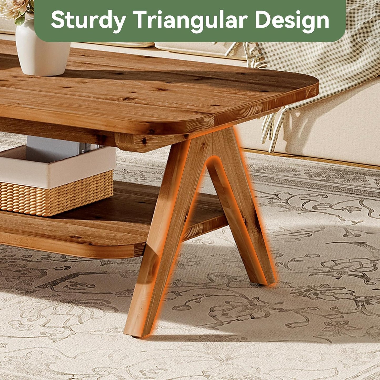 Solid Wood 2-Tier Coffee Table with Storage Shelf, 47" Brown Farmhouse Center Table for Living Room