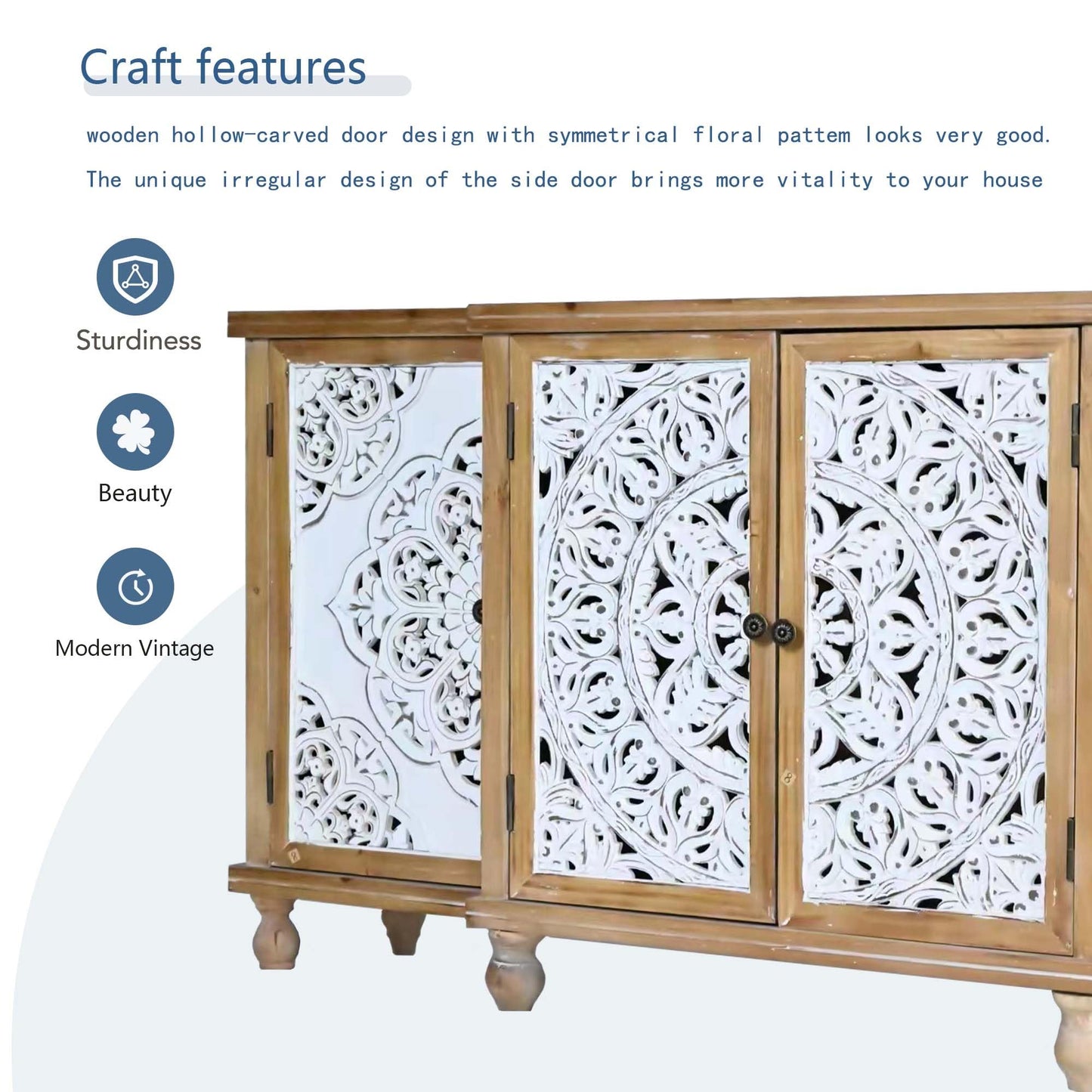 LKTART 60" Farmhouse Sideboard Buffet,Solid Fir Wood Frame with Hollowed-Out Carved Doors,Hand-Distressed Design,Versatile Storage Cabinet for Kitchen, Living Room,Natural Wood