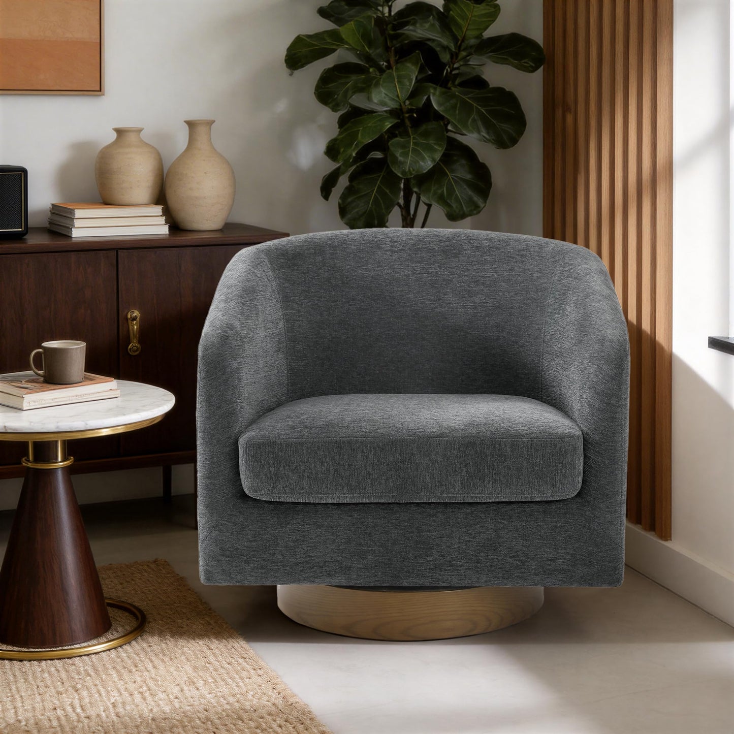 Swivel Barrel Chairs Set of 2, 31" W Modern Faux Leather Round Swivel Accent Chair for Living Room, 360° Rotation Upholstered Armchair Club Chair for Bedroom, Reading Room, Office (Brown)