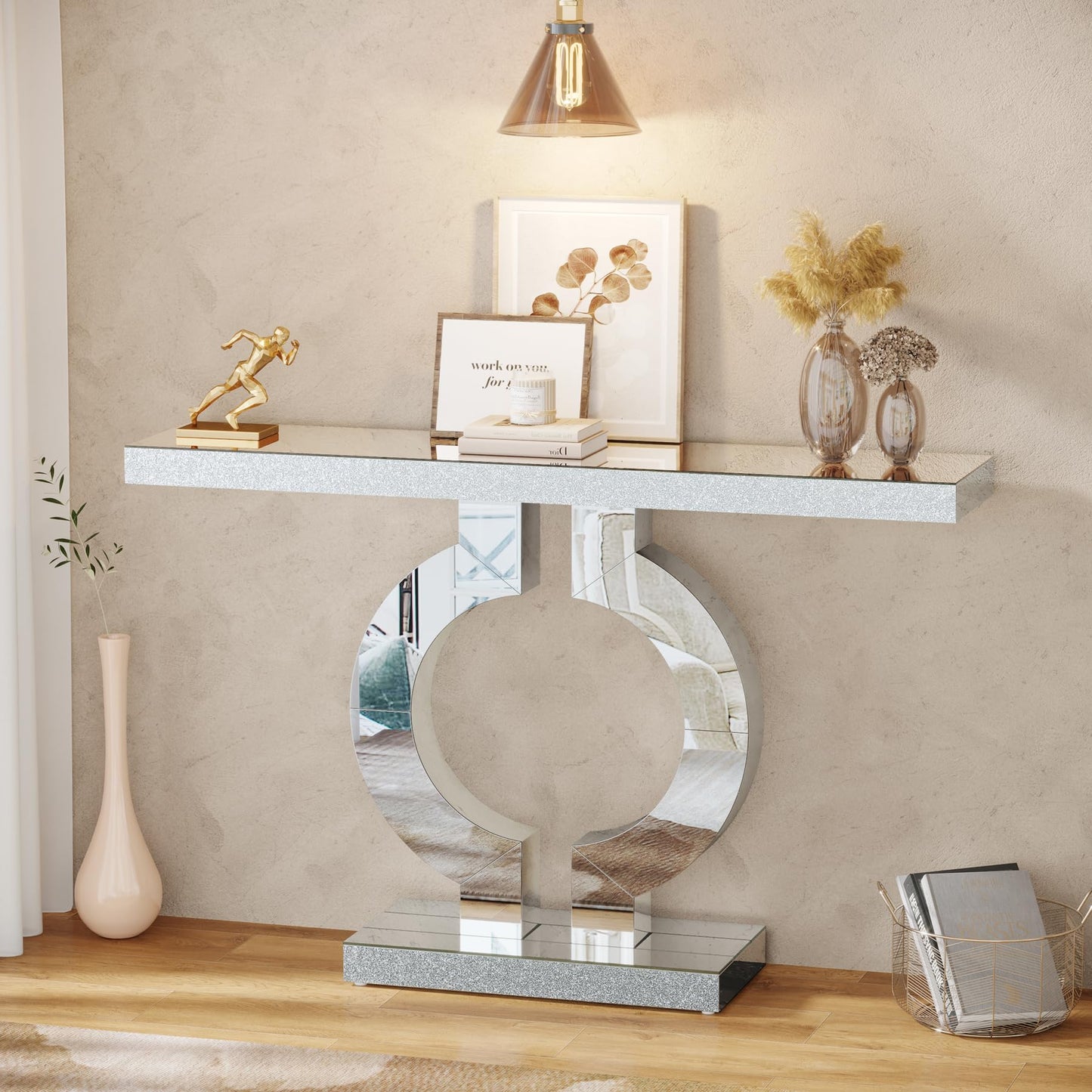 Tribesigns Modern Mirrored Console Table, Glass Sofa Table with Mirror Finish, 43-Inch Entryway Table with O-Shaped Base, Rectangular Accent Foyer Table for Living Room Hallway Entrance (Black)