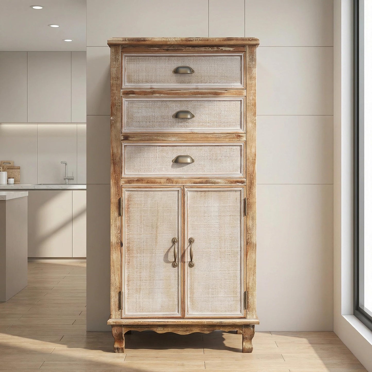 LKTART KTART 55'' Tall Kitchen Pantry Cupboard Storage Cabinet with Shelves & Drawer,French Country Accent Cabinet with Embossed Floral Metal Doors and Solid Wood Frame,Natural Wood