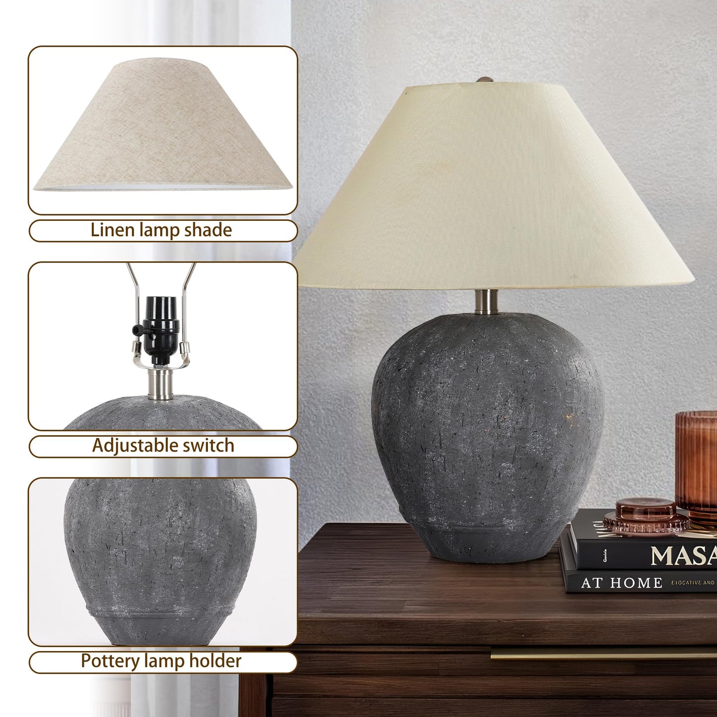 Farmhouse Ceramic Table Lamp, 21" Rustic Table Lamp with Linen Shade, 3-Way Dimmable Bedside Nightstand Lamps for Bedroom, Living Room, E26 Socket, Dark Grey