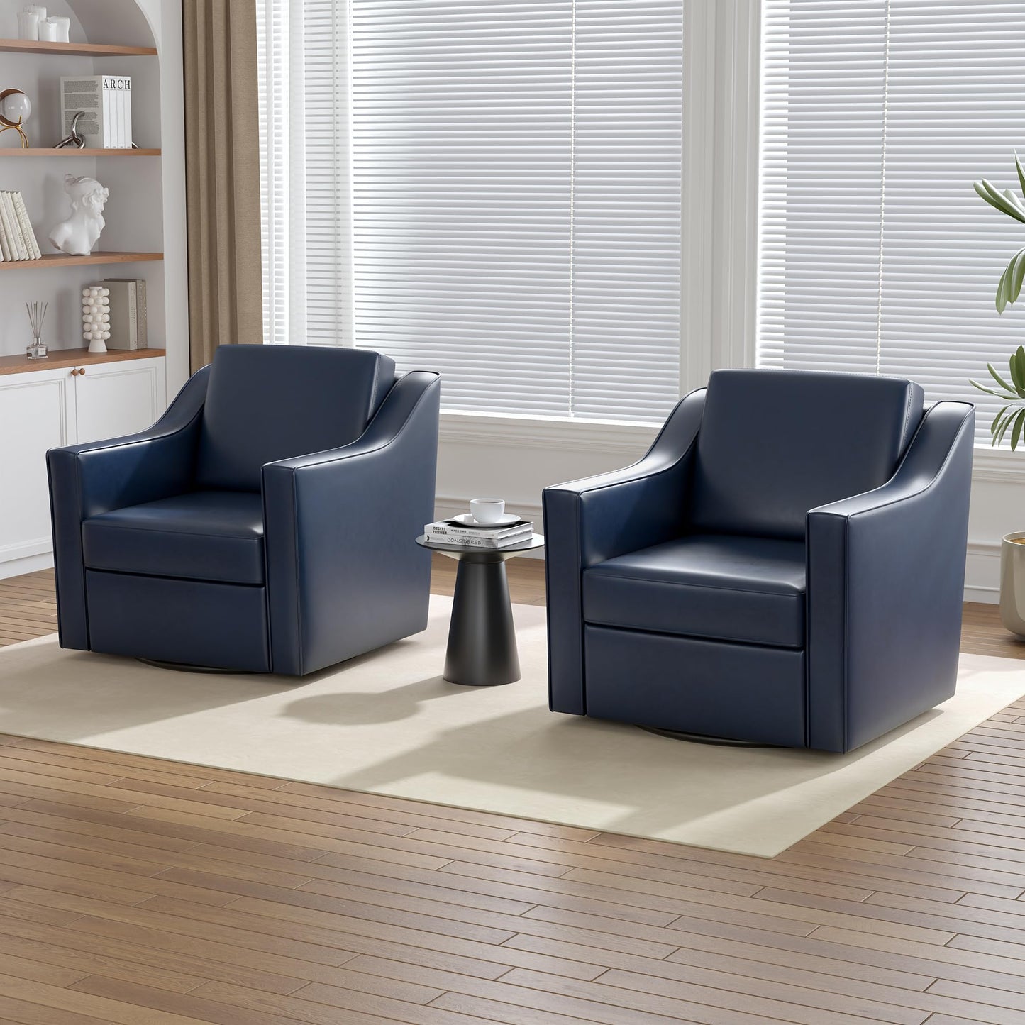 Swivel Accent Chairs Set of 2, 360° Swivel Upholstered Faux Leather Club Armchairs for Living Room, Comfy Single Sofa Reading Chair with Deep Seat, Metal Swivel Base, Coffee