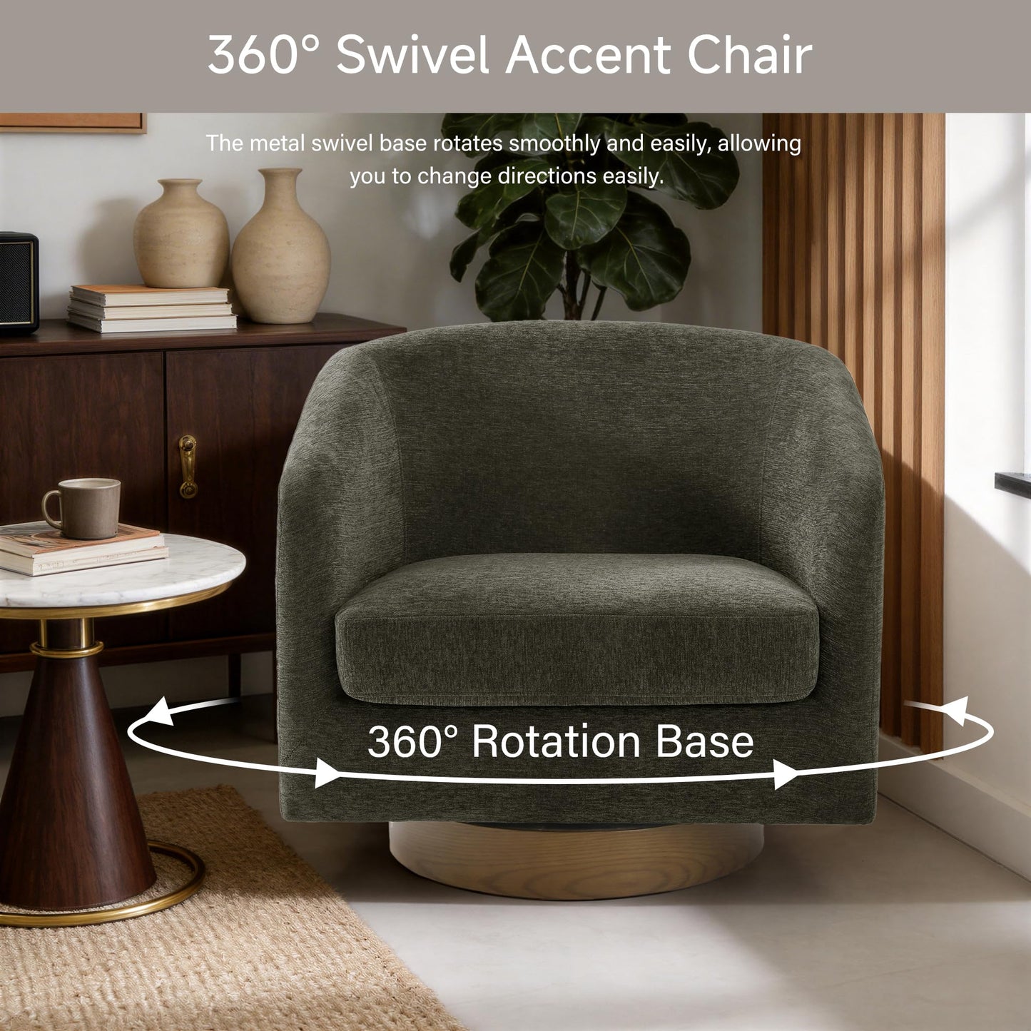 Swivel Barrel Chairs Set of 2, 31" W Modern Faux Leather Round Swivel Accent Chair for Living Room, 360° Rotation Upholstered Armchair Club Chair for Bedroom, Reading Room, Office (Brown)