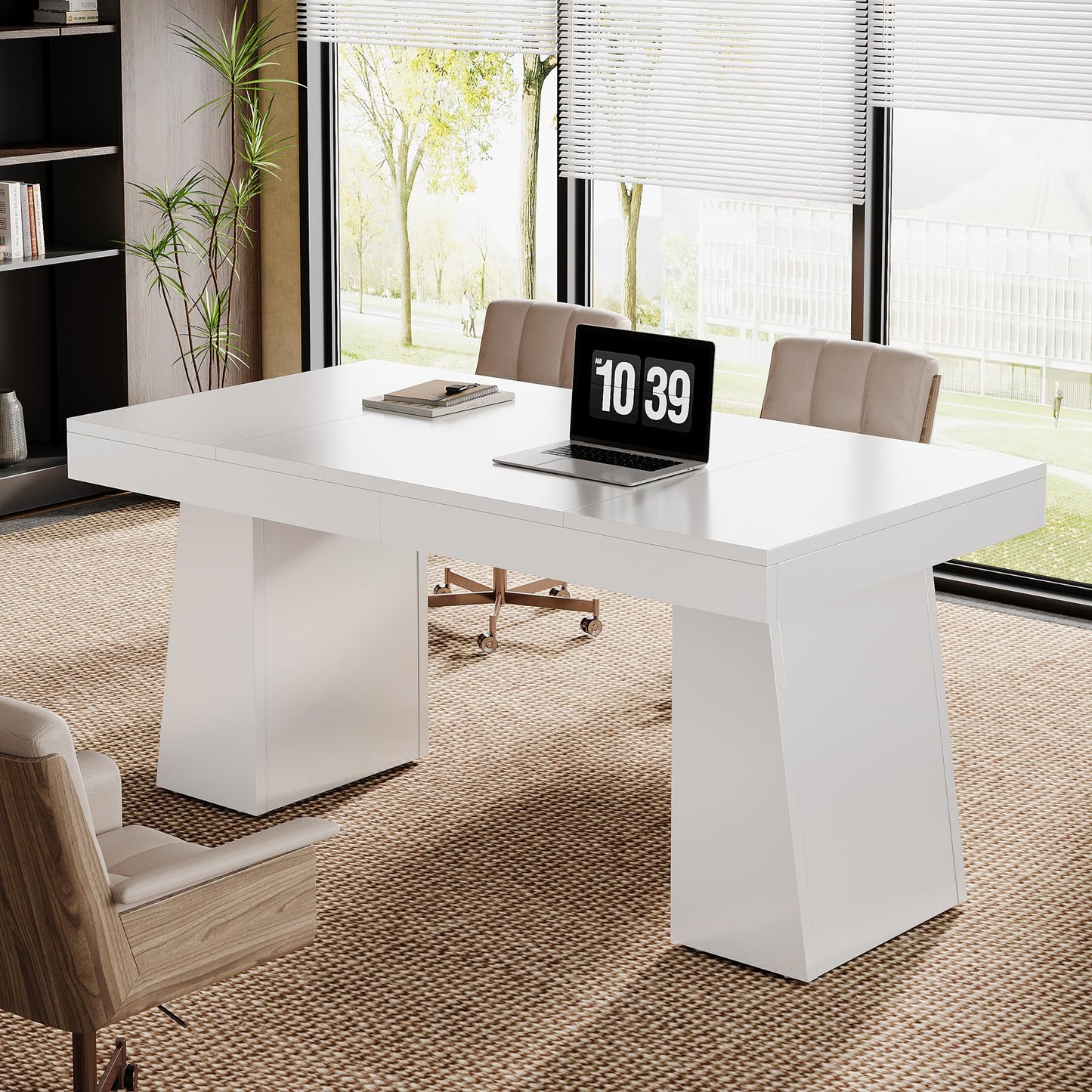 Tribesigns 55 Inches Executive Desk, Mid-Century Modern Home Office Desk, Wood MDF Computer Table Business Workstation Small Conference Table, Light Brown