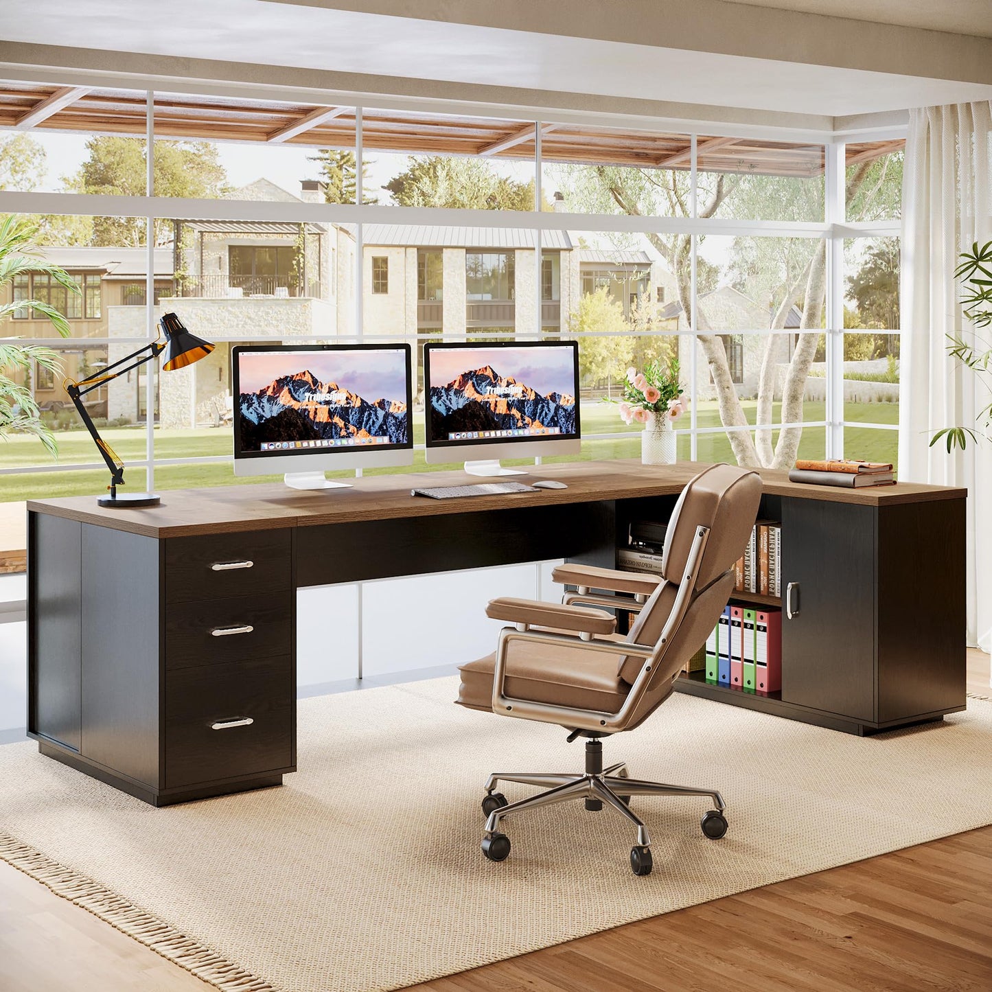 Tribesigns 85.8-Inch L-Shaped Executive Desk with File Drawers, Door Cabinet & Shelves, Extra Large Commercial Office Desk, Modern Professional Office Table, Business Furniture, Warm Brown & Black