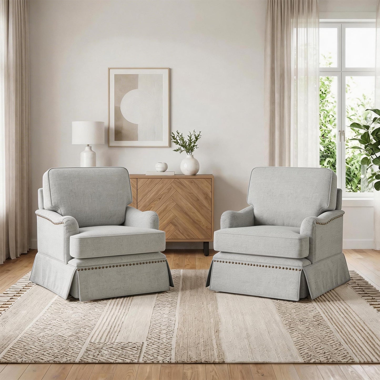 Swivel Accent Chair, 360° Swivel Upholstered Armchairs with Curved Arms, Comfy Chenille Fabric Lounge Reading Chairs for Living Room Bedroom Study, Metal Swivel Base, Tan