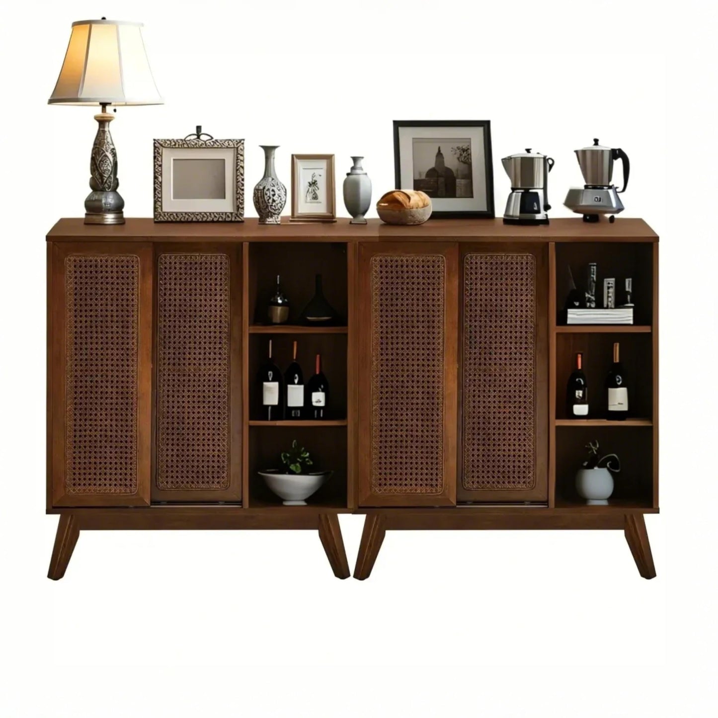 LKTART Mid Century Modern Storage Cabinet with Rattan Sliding Doors and Open Shelves, Boho Style Wooden Sideboard Buffet for Living Room,Dark Walnut
