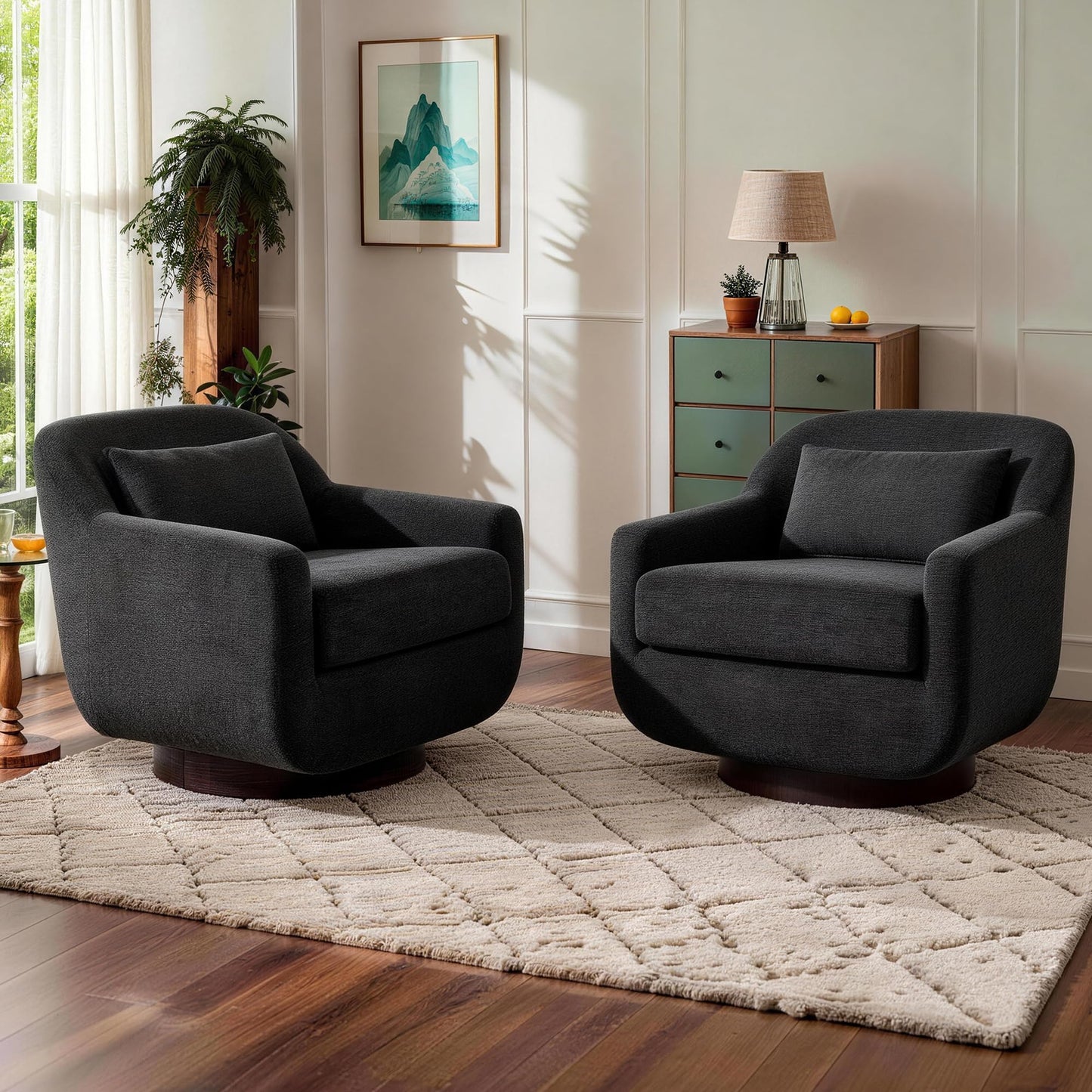 Swivel Accent Chair, 360° Swivel Upholstered Barrel Chair for Living Room, Comfy Club Armchairs Reading Chair with Curves Back Design, Metal Swivel Base, Chenille Fabric, Dark Gray