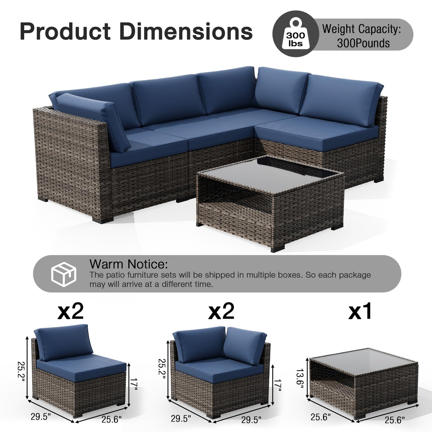 Joyside 5-Piece Patio Furniture Set, Rattan Outdoor Sectional Wicker Patio Conversation Set with Cushions and Coffee Table