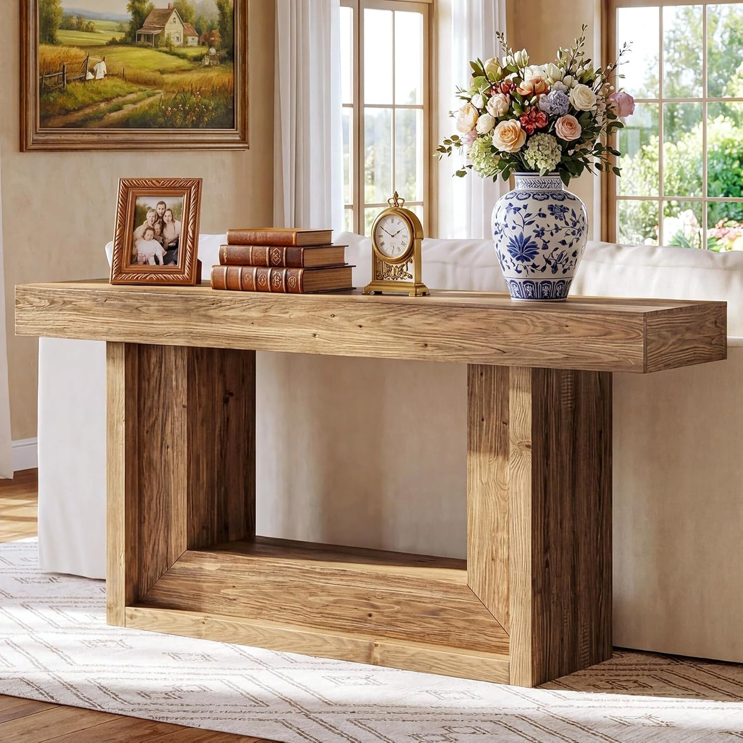 Wood Console Table, 63-Inch Farmhouse Entryway Table with Open Storage Shelf, Narrow Solid Wood Sofa Table Behind Couch for Living Room, Entrance, Foyer, Hallway, Natural
