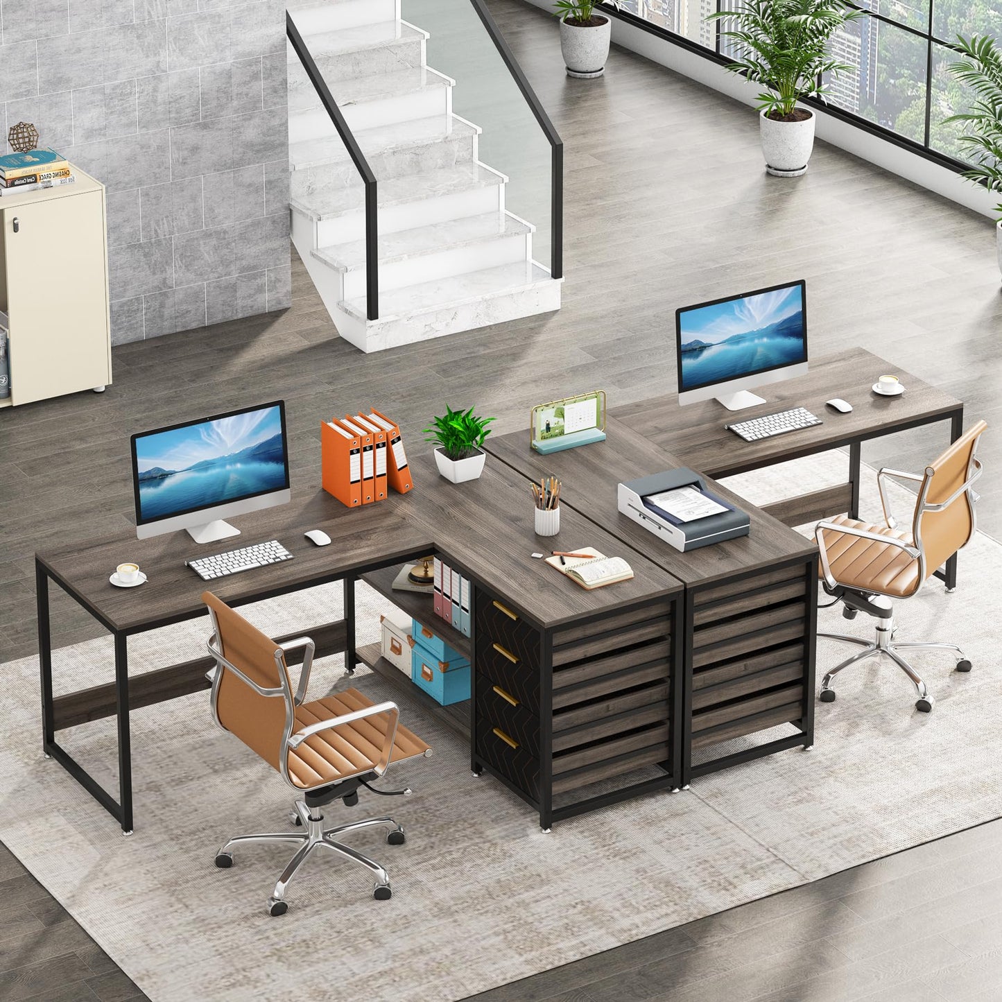 Tribesigns L Shaped Computer Desk with Storage Drawers, 59 inch Corner Desk with Shelves, Reversible L-Shaped Office Desk Study Writing Table Workstation for Home Office, Walnut & White