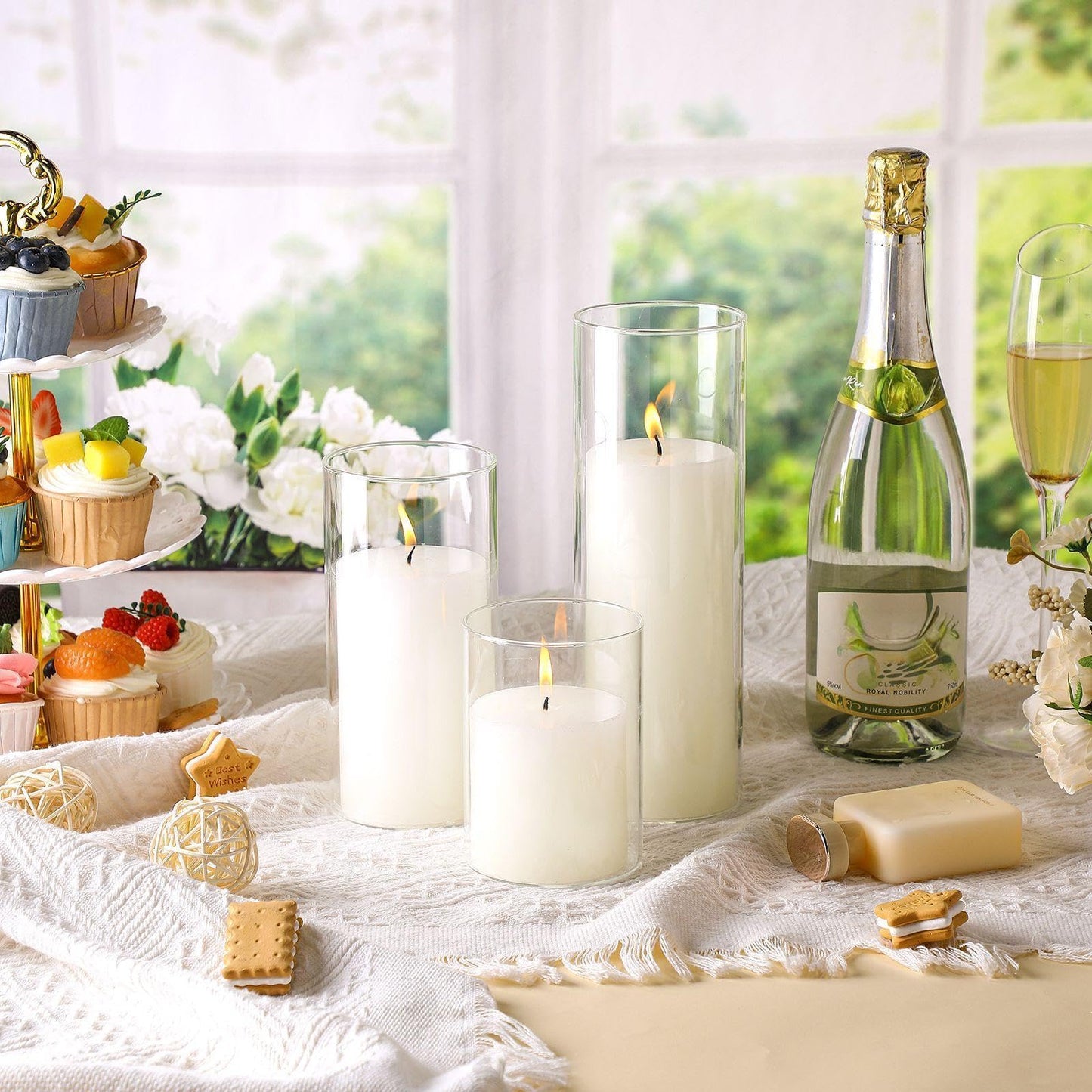 Shihanee Set of 3 Pillar Candles and 3 Glass Cylinder Candle Vases Holders Clear Pillar Jars for Wedding Centerpieces(3'' x 5.9'', 7.9'', 9.8'',Ivory White)