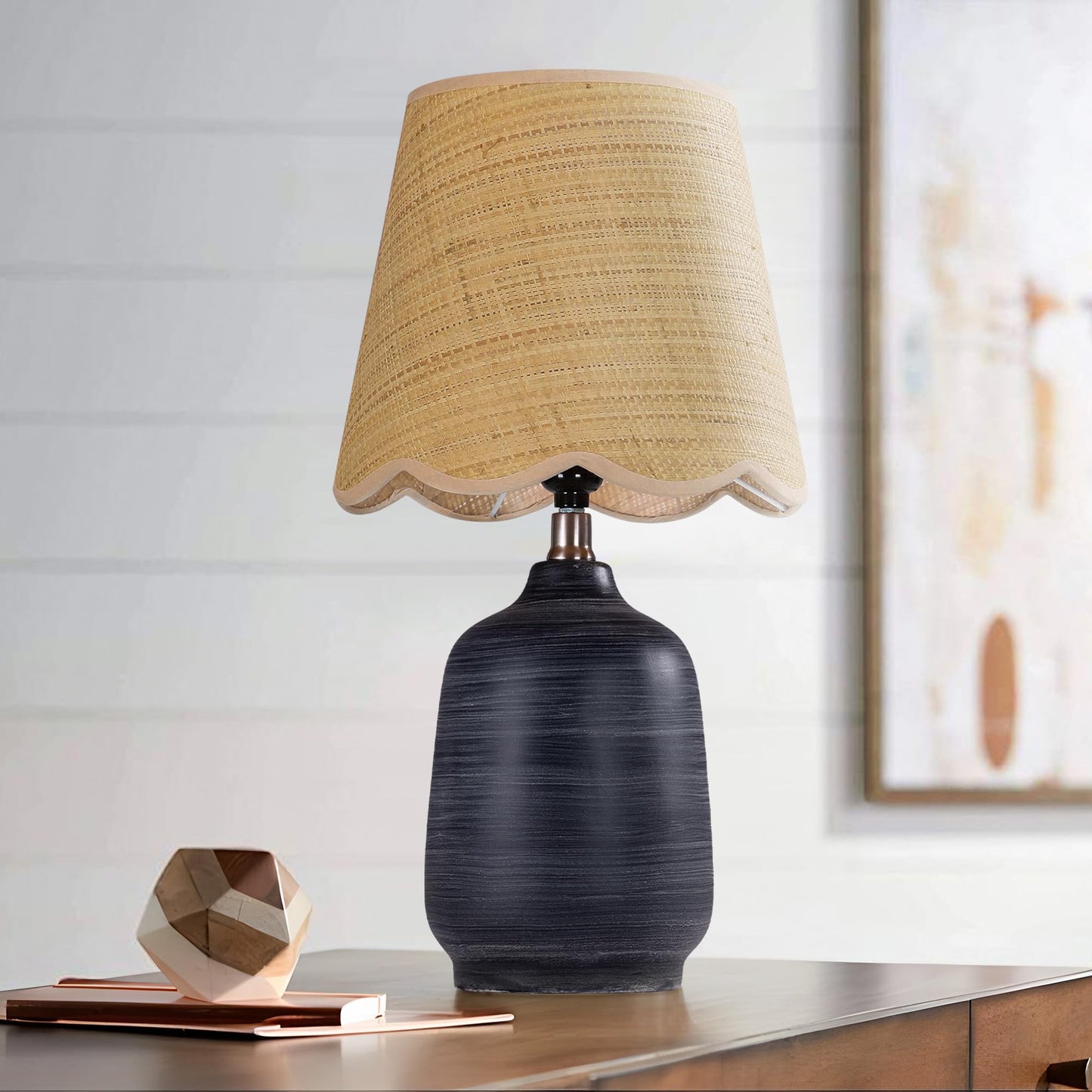 Farmhouse Ceramic Table Lamp, 21" Rustic Table Lamp with Linen Shade, 3-Way Dimmable Bedside Nightstand Lamps for Bedroom, Living Room, E26 Socket, Dark Grey