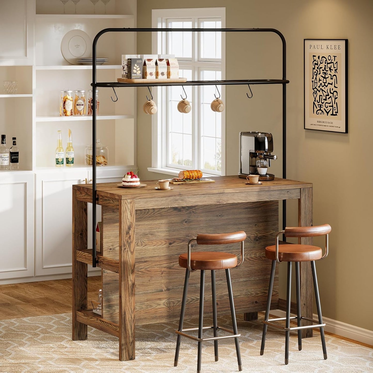47-Inch Solid Wood Bar Table, 3-Tier Industrial Home Bar Unit with Storage Shelves, Counter Height Pub Bar Dining Table for Kitchen, Dining Room, Living Room, 5 Hooks, Rustic Brown