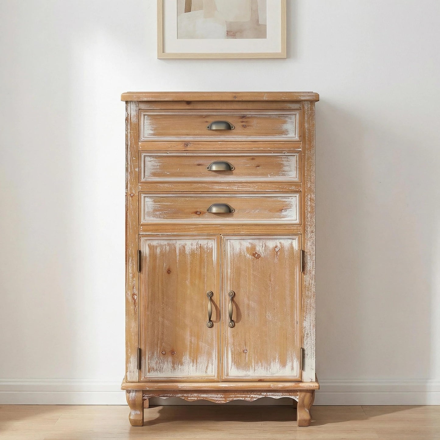 LKTART KTART 55'' Tall Kitchen Pantry Cupboard Storage Cabinet with Shelves & Drawer,French Country Accent Cabinet with Embossed Floral Metal Doors and Solid Wood Frame,Natural Wood