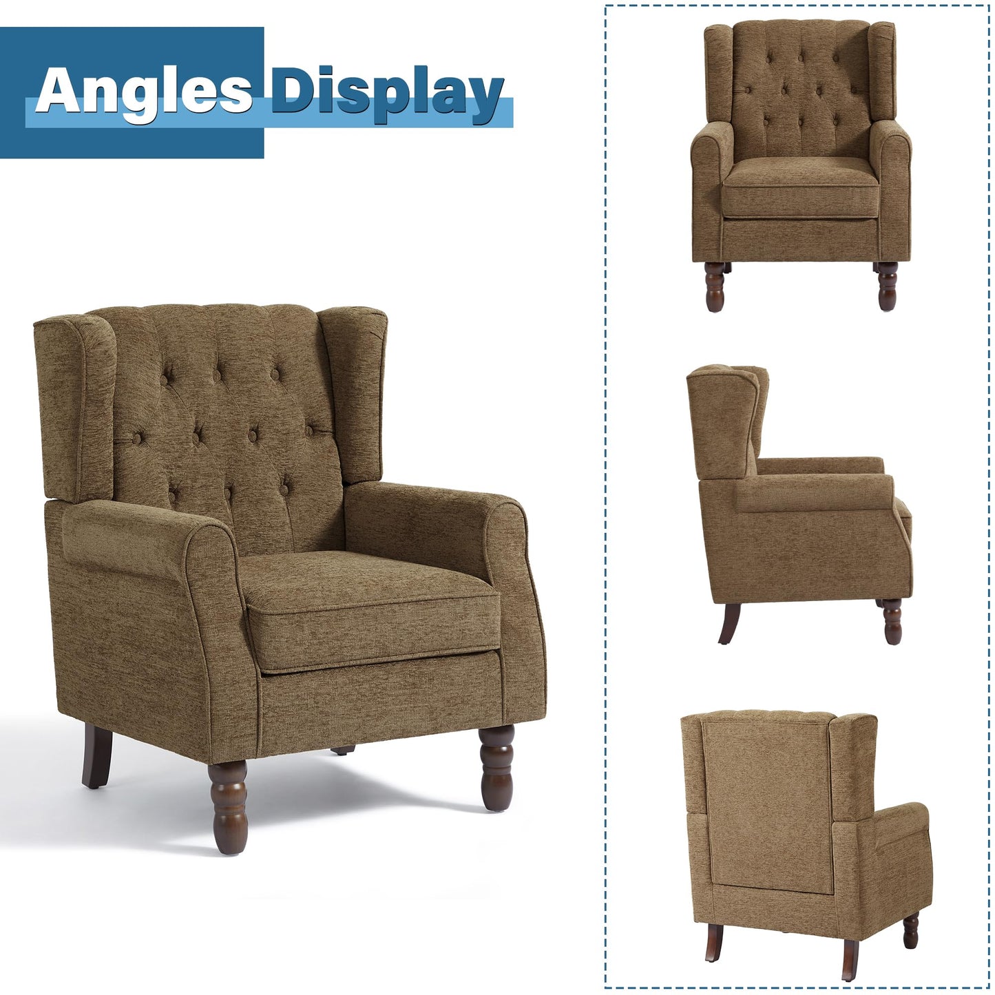 Faux Leather Wingback Chairs Set of 2, High Back Accent Chair for Living Room, Button-Tufted Upholstered Armchair with Solid Wood Legs, Comfy Reading Chair for Bedroom, Brown
