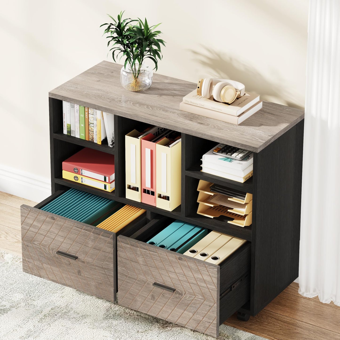 Tribesigns 2-Drawer Wood File Cabinet, Mobile Lateral Filing Cabinet for Hanging Letter Size Files, Printer Stand with Open Storage Shelves for Home Office (Oak Karo & White)