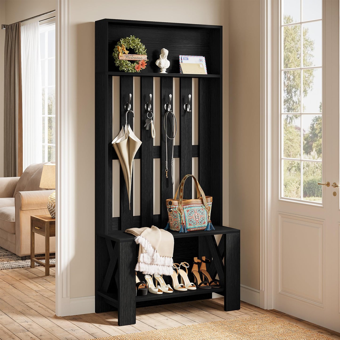 Tribesigns Hall Tree with Bench and Shoe Storage, Farmhouse Entryway Bench with Coat Racks, 70.8" Tall Wooden Hall Tree Organizer with 4 Hooks for Mudroom, Hallway, Bedroom, Space-Saving, Brown