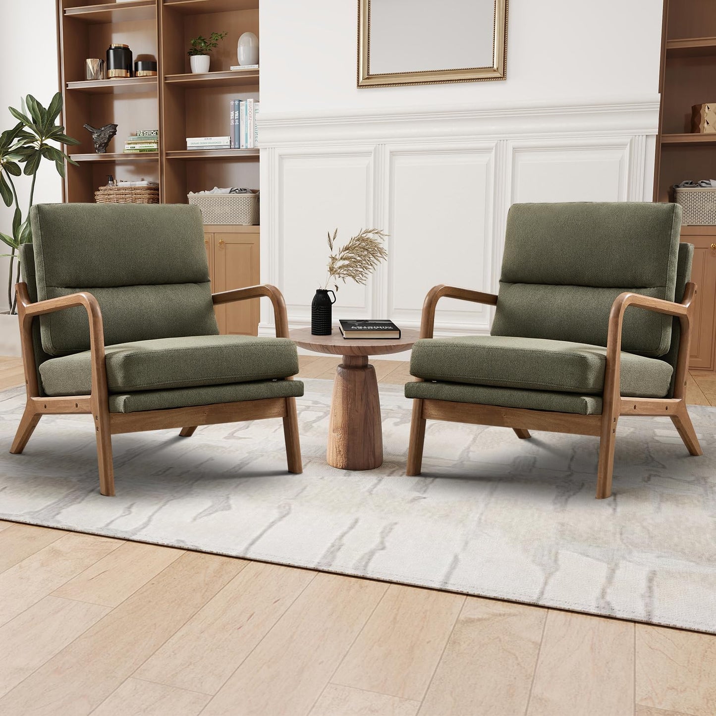 IOMOR Mid Century Modern Accent Chair with Solid Wood Frame Linen Fabric, Upholstered Living Room Chairs with Lumbar Cushion Padded Arms, Reading Armchair for Bedroom (1, Warm Beige)