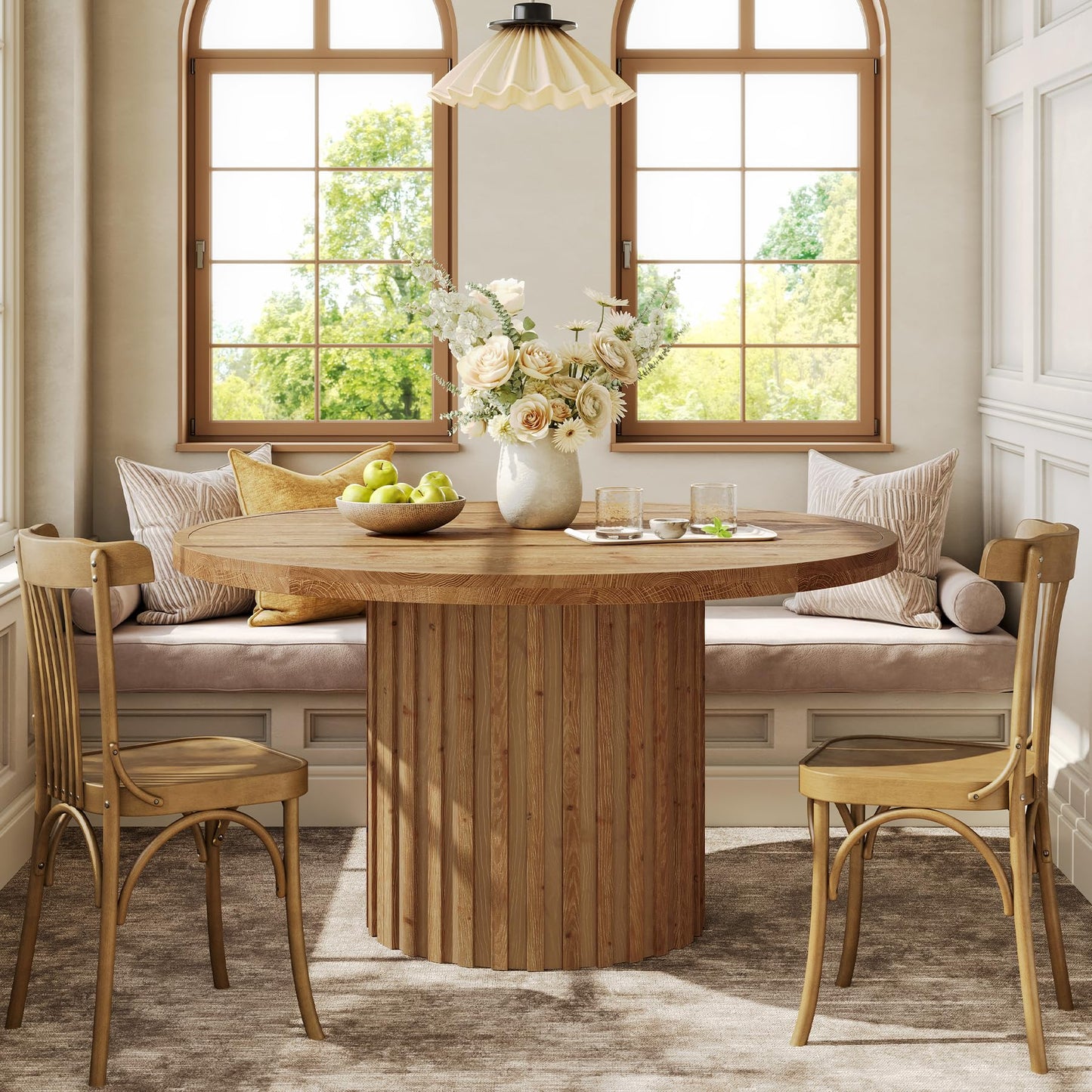 47" Solid Wood Dining Table for 4-6, Farmhouse Round Kitchen Table with Striped Pedestal Base, Circle Wooden Dining Room Furniture for Kitchen Living Room, Wood Tabletop+MDF Pedestal Base