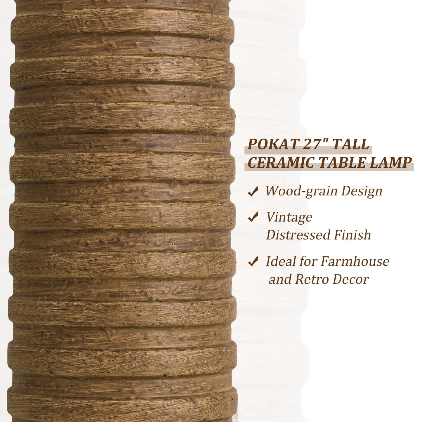 PoKat 27'' Farmhouse Table Lamps Set of 2 for Living Room, Stone-Like Bedside Lamp for Bedroom, Boho Ceramic Tall Lamps for Nightstand Office Sideboard Entryway Distressed (Antique Beige)