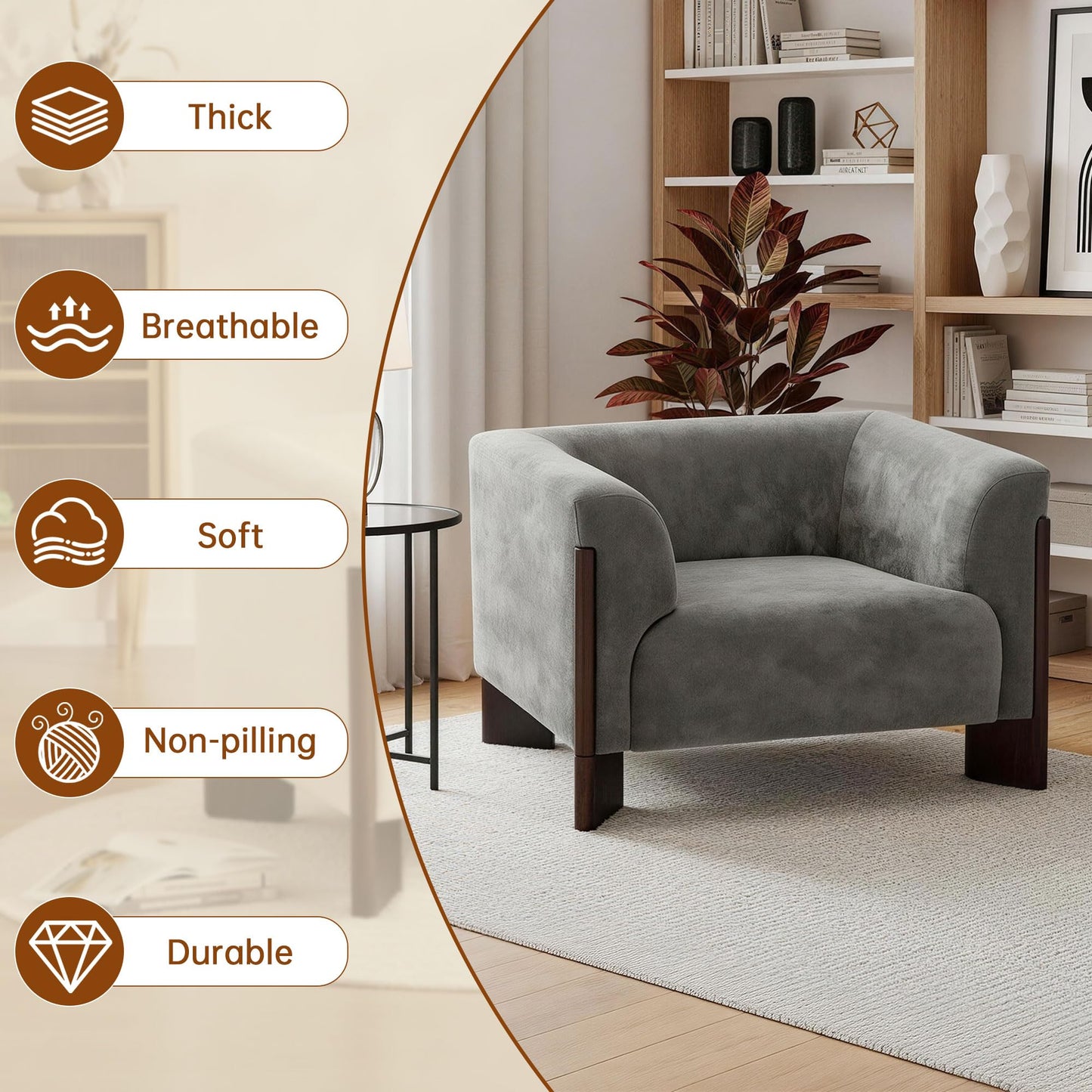 Oversized Accent Chair, Chenille Fabric Upholstered Club Chair for Living Room, 41" Width Single Sofa Chair with Curved Handrail and Solid Wood Legs, Modern Arm Chair for Bedroom Home, Gray