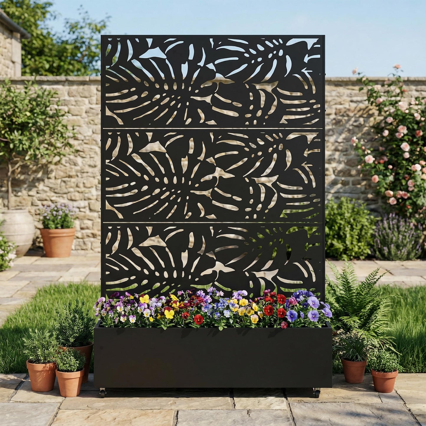 Metal Raised Garden Bed with Trellis and Wheels, 71"x47"x16" Planter Box with Privacy Screen & Drainage Holes, Arched Outdoor Garden Bed for Climbing Plants, Vegetables, Flowers (Black-Square)