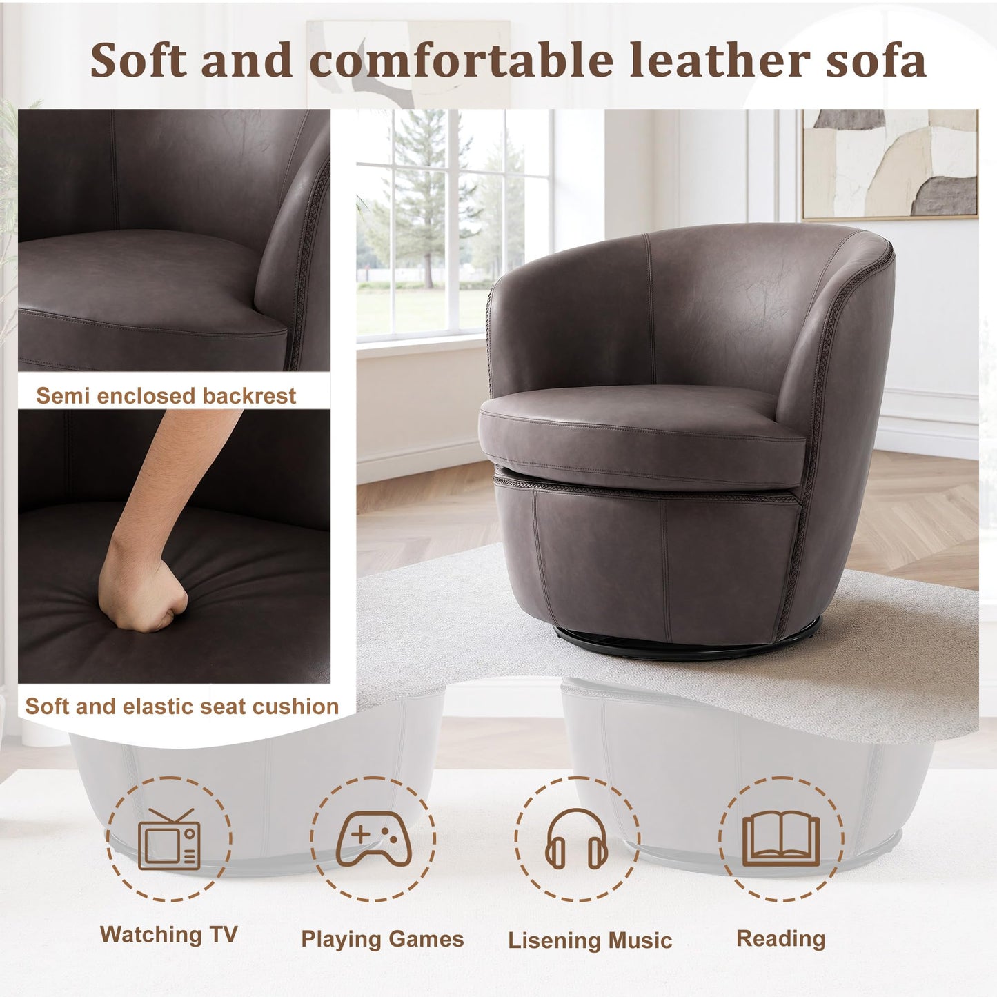 360° Swivel Barrel Accent Chair, Faux Leather Round Swivel Chair for Living Room, Comfy Upholstered Armchair Single Sofa Club Chair for Bedroom Reading Room, No Assembly Required - Light Brown