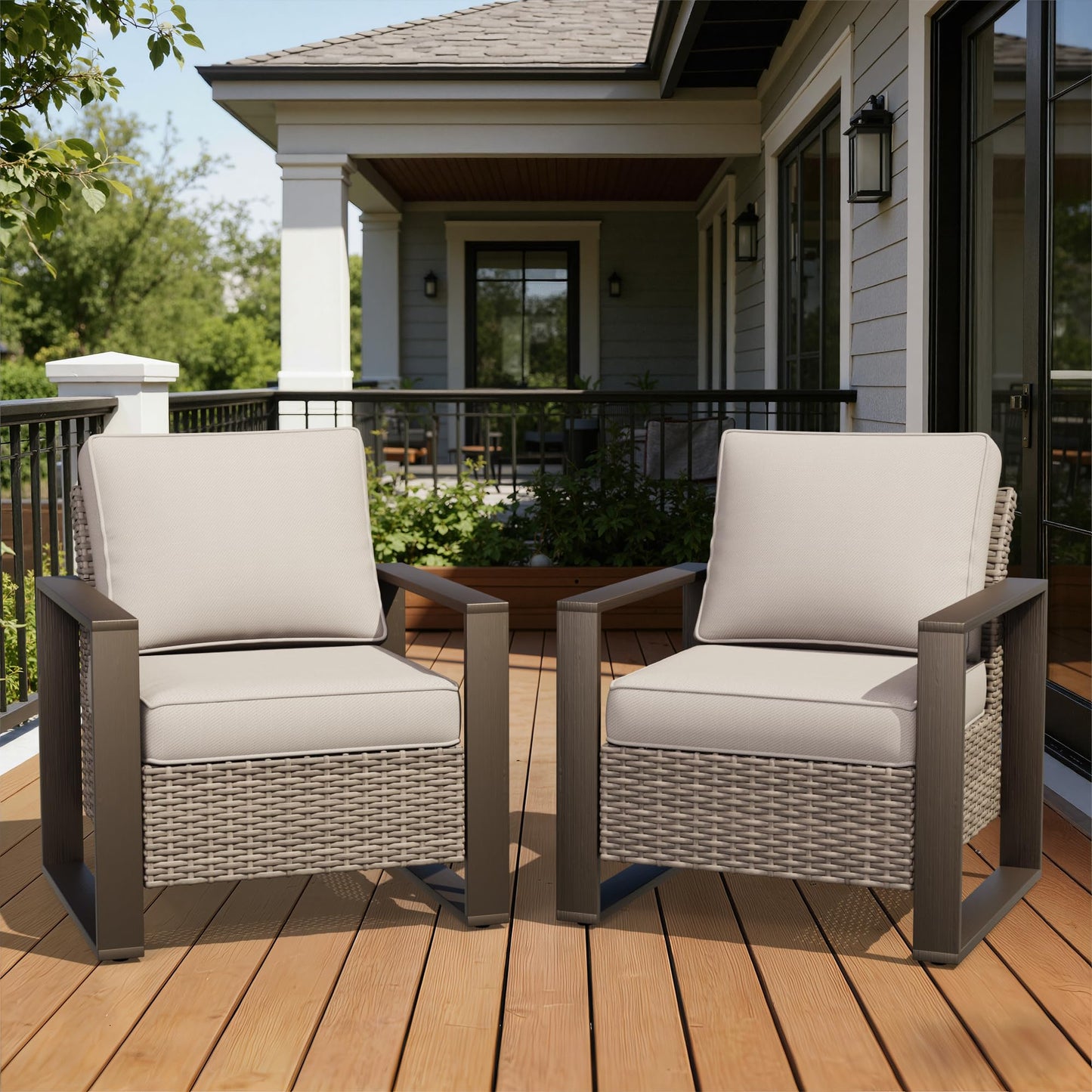 Joyside Outdoor Patio Swivel Rocker Chairs, 3 Pieces Wicker Furniture Set, 2 Swivel Rocking Chairs and 1 Table, Metal Wide Armrest, Thick Cushions and Deep Seating for Garden, Backyard, Porch, Deck