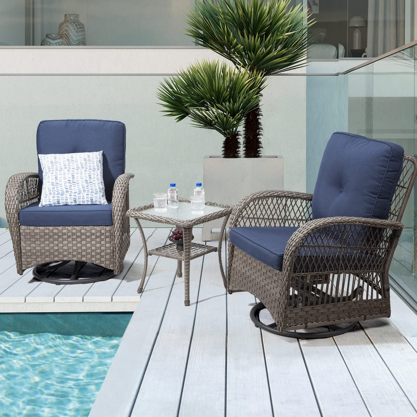 Joyside Patio Bistro Set, 3-Piece Outoodr Wicker Swivel Rocking Chair Set, Outdoor Patio Furniture Chair with Side Coffee Table & Durable Fabric Cushion(Brown/Beige)