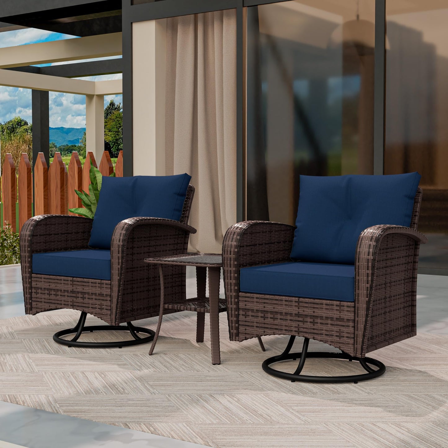 4 Piece Patio Conversation Set - 2 Swivel Chairs 1 Coffee Table 3-Seater Sofa, PE Wicker & Steel Patio Furniture with Heavy-Duty Steel Frame,Weatherproof Cushions, Red