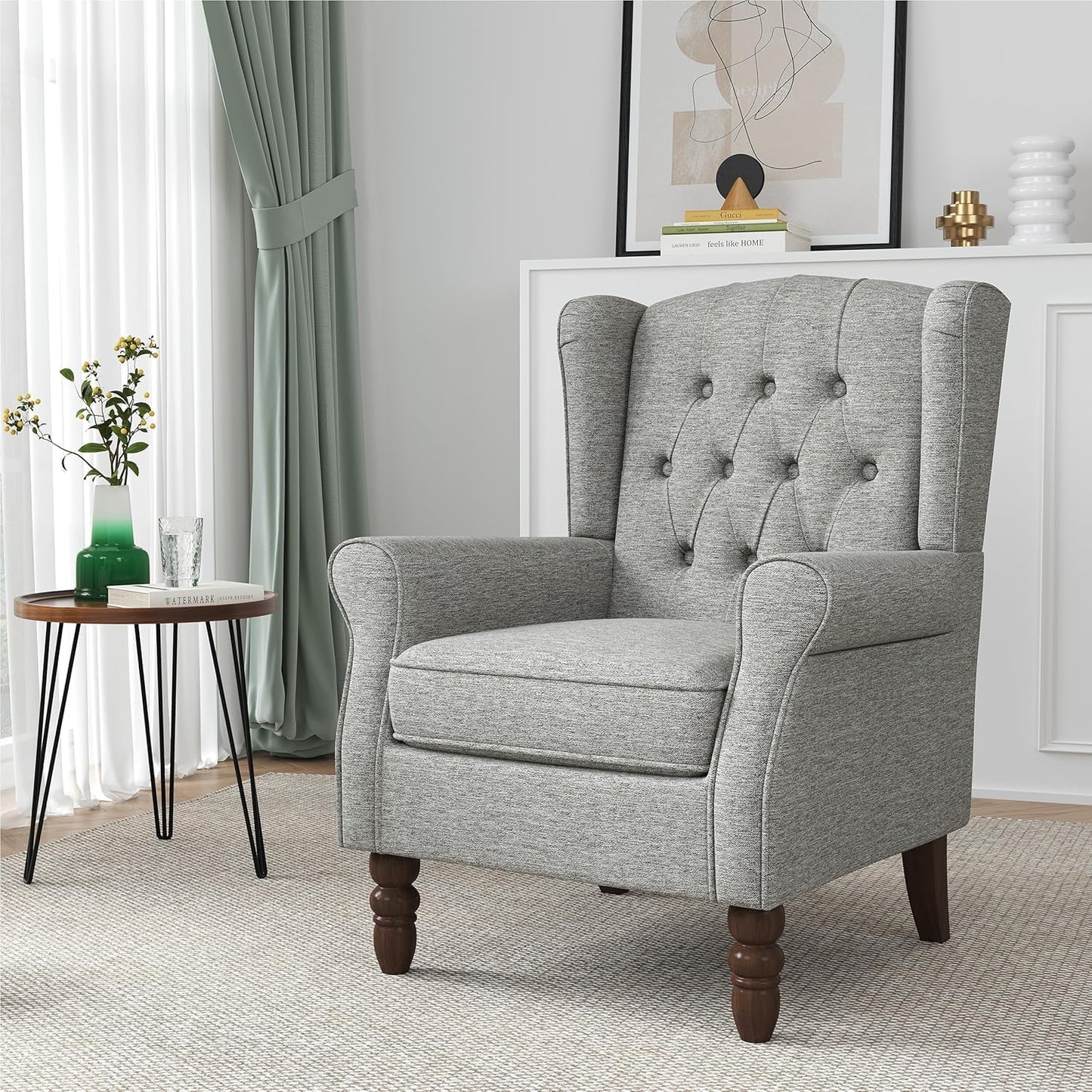 Faux Leather Wingback Chairs Set of 2, High Back Accent Chair for Living Room, Button-Tufted Upholstered Armchair with Solid Wood Legs, Comfy Reading Chair for Bedroom, Brown