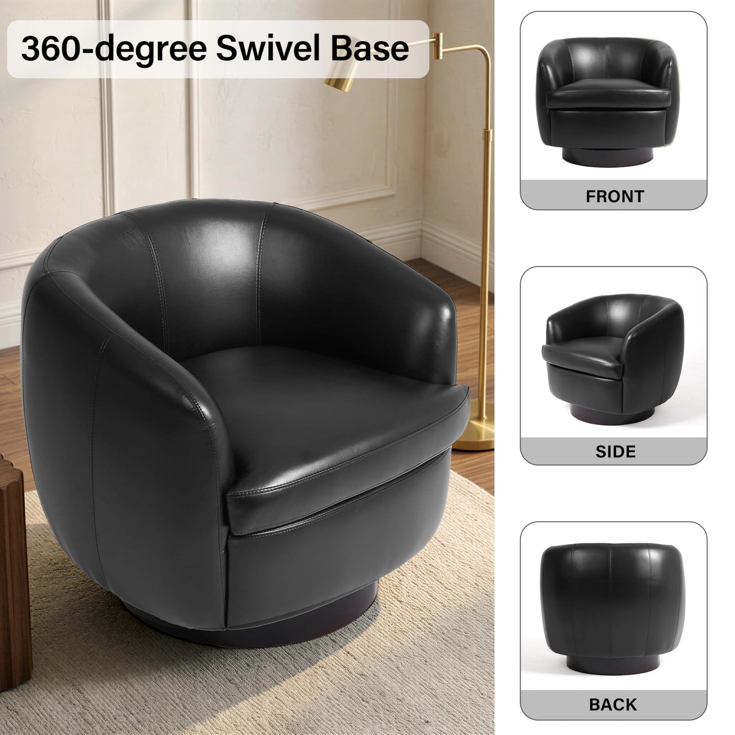 Faux Leather Swivel Barrel Chair, Modern Round Swivel Accent Chair with 360° Rotation, Upholstered Armchair Club Chair for Living Room Bedroom Office (Light Brown)