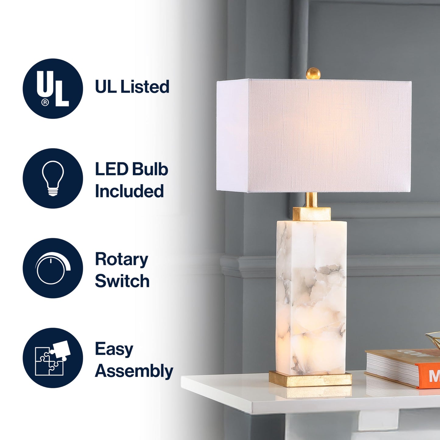 JONATHAN Y 24.25" Black/White Modern Alabaster LED Table Lamp for Home Decor, White Linen Shade, Coastal Nightstand Lamp with Built-in Base Accent Light (JYL8507A)