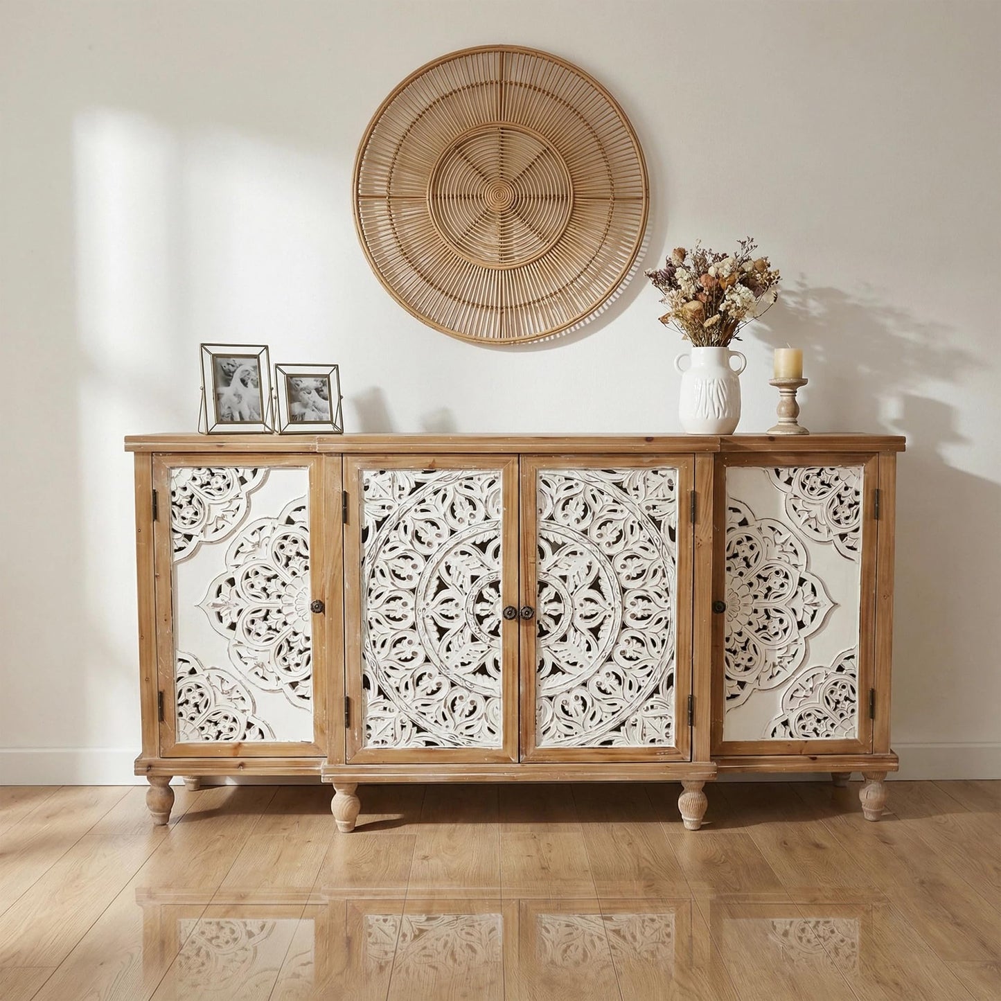 LKTART 60" Farmhouse Sideboard Buffet,Solid Fir Wood Frame with Hollowed-Out Carved Doors,Hand-Distressed Design,Versatile Storage Cabinet for Kitchen, Living Room,Natural Wood